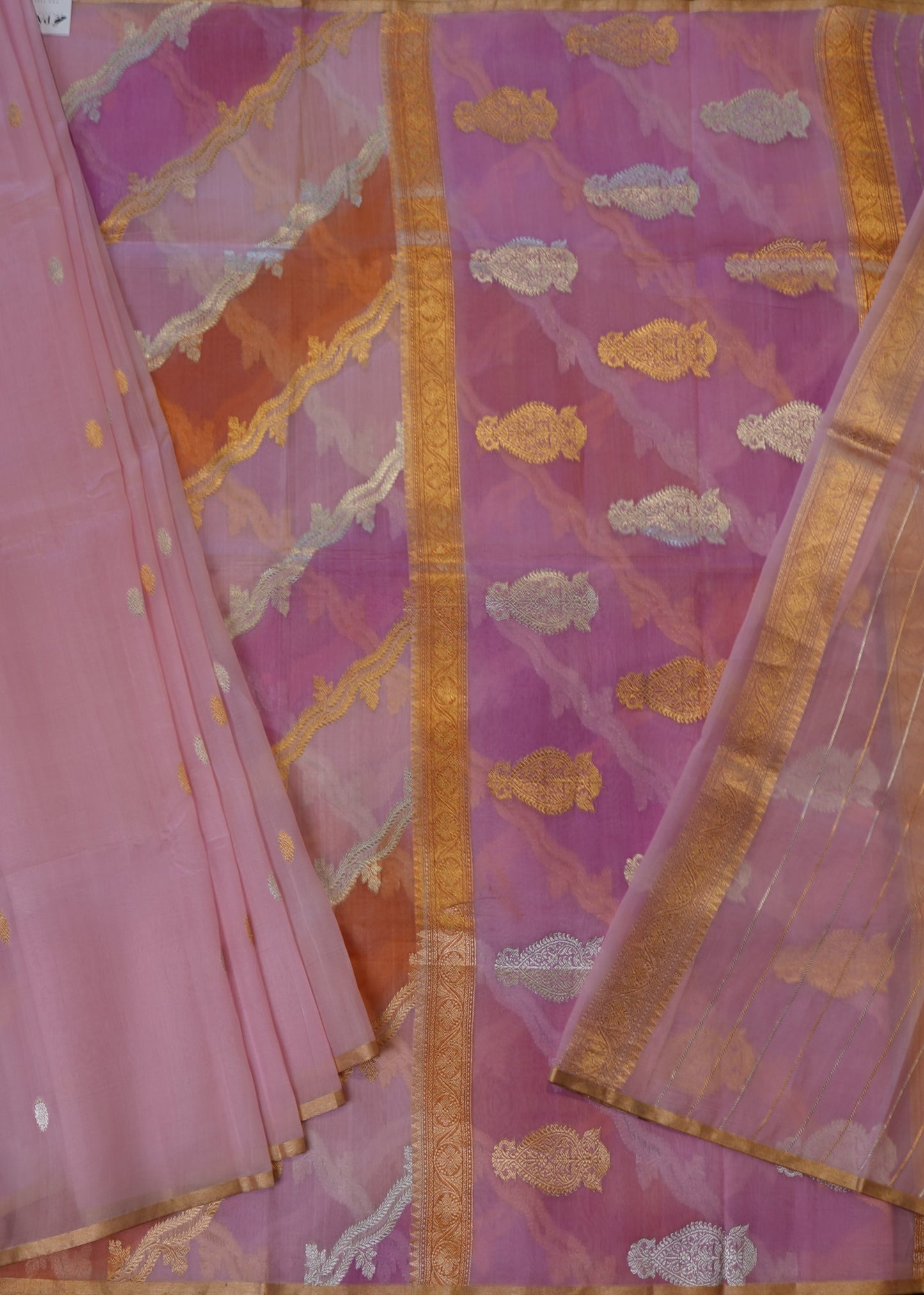 Baby Pink Banaras Rangkaat Jaal Zari Kora Pure Silk Handloom Saree