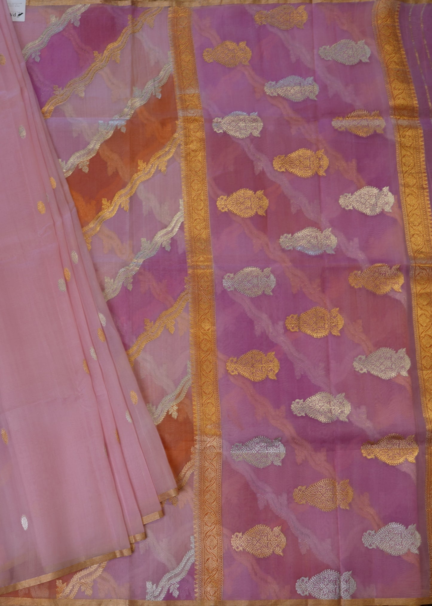 Baby Pink Banaras Rangkaat Jaal Zari Kora Pure Silk Handloom Saree