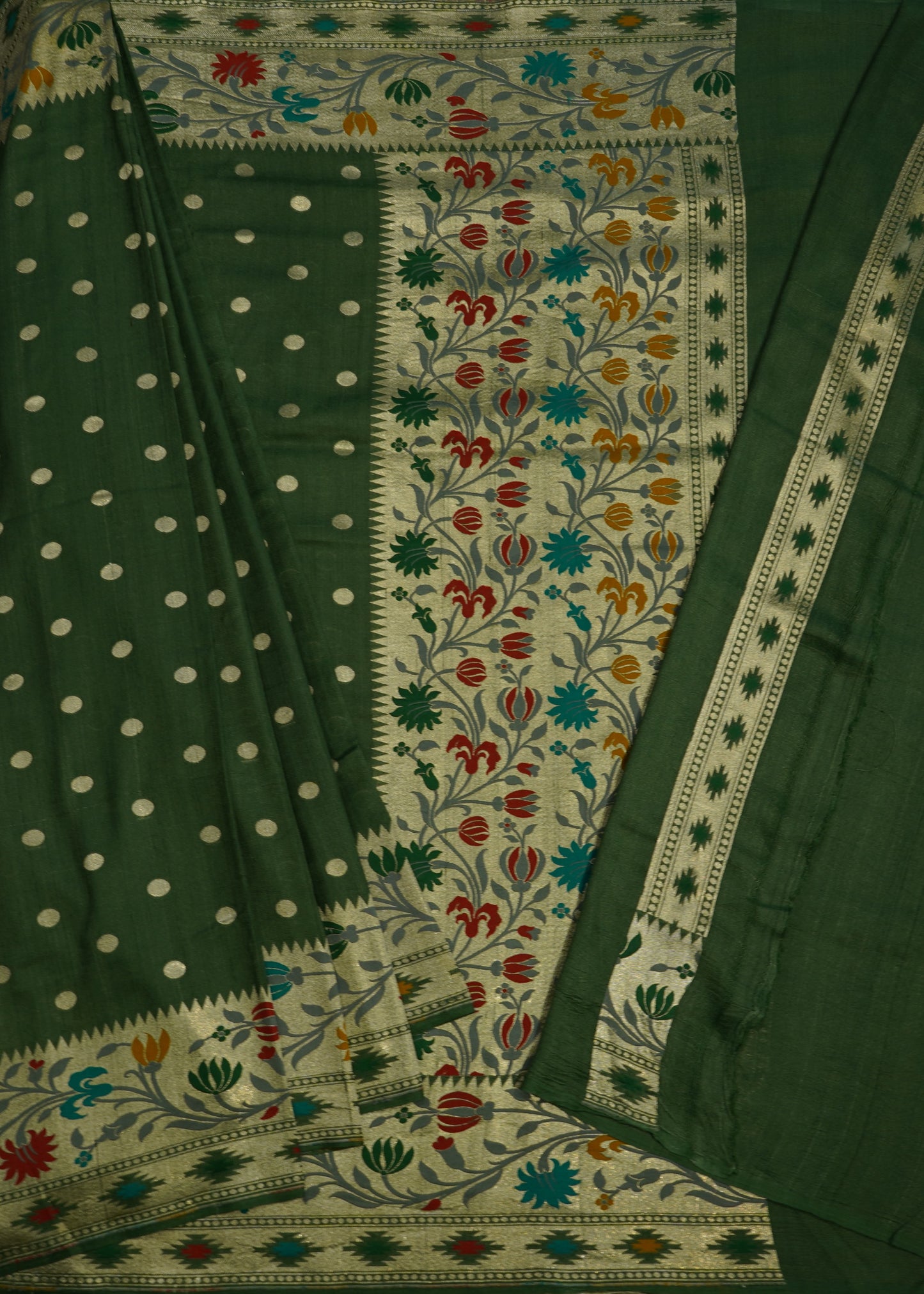 Dark Green Banaras Tussar Georgette Pure Silk Handloom Saree