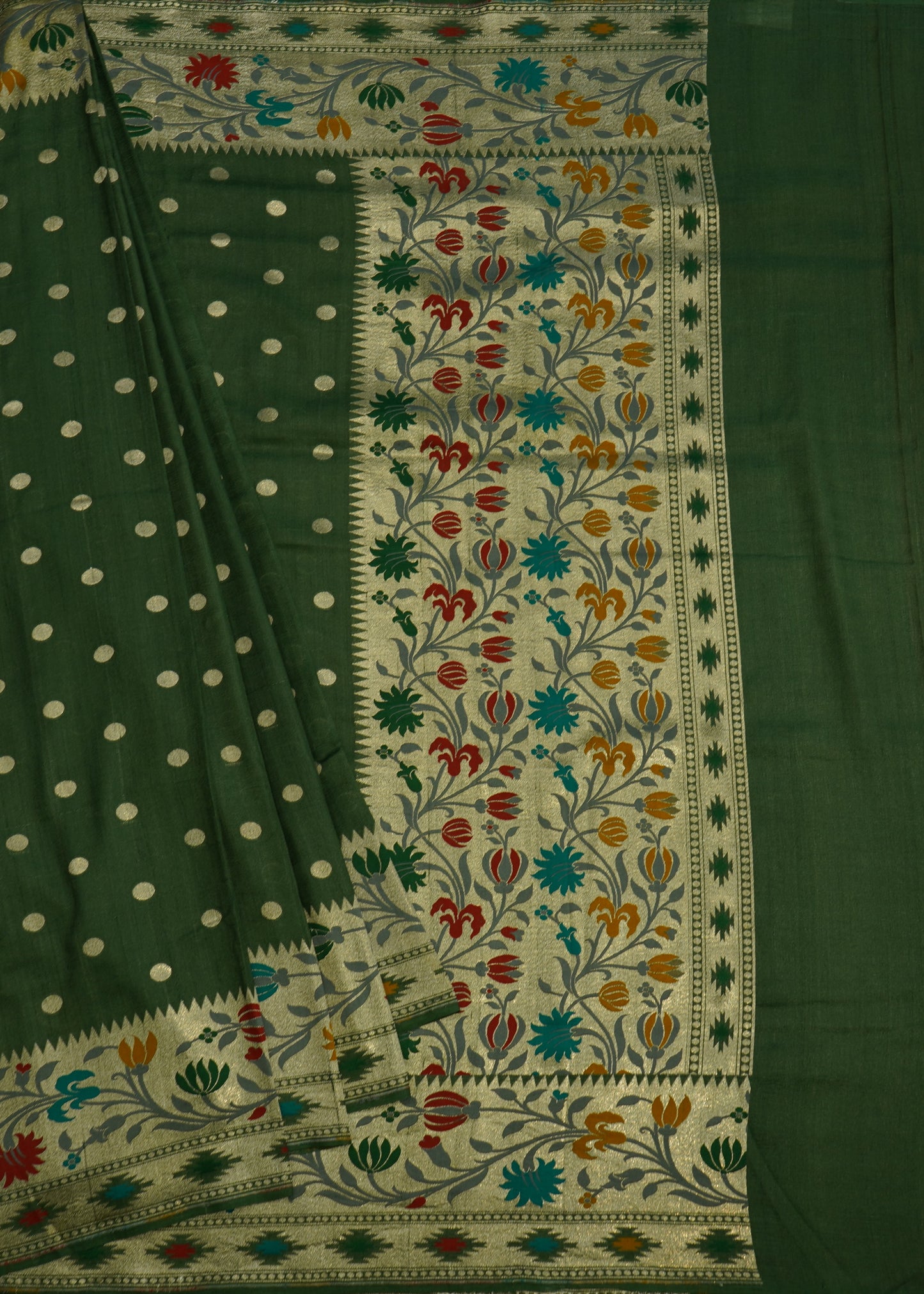 Dark Green Banaras Tussar Georgette Pure Silk Handloom Saree