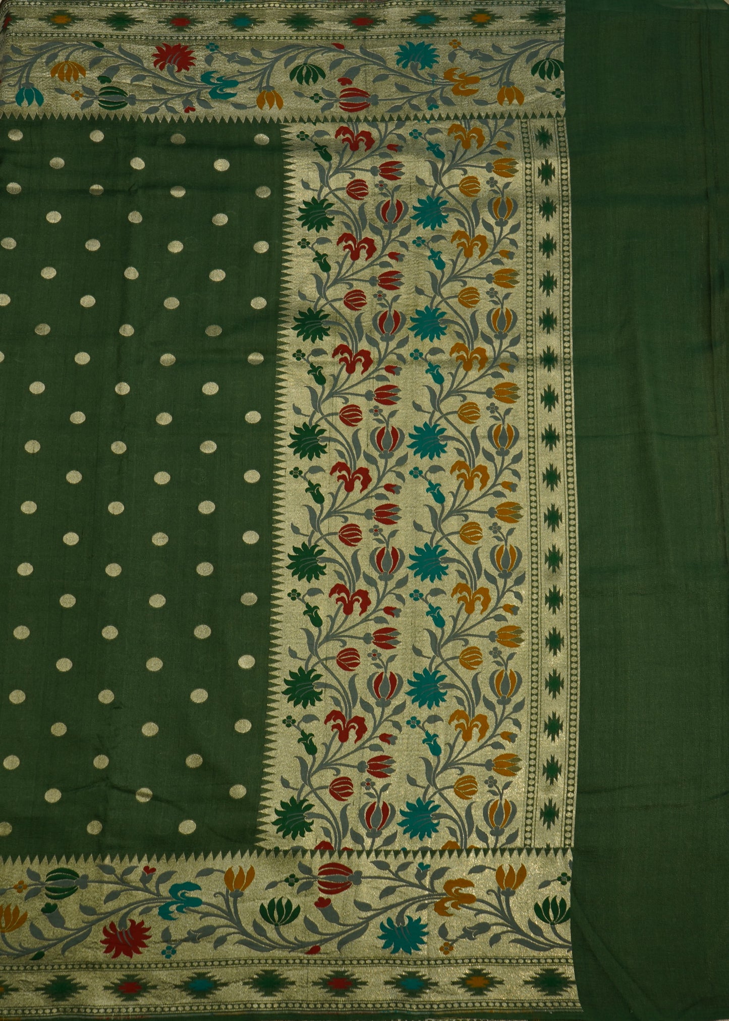 Dark Green Banaras Tussar Georgette Pure Silk Handloom Saree