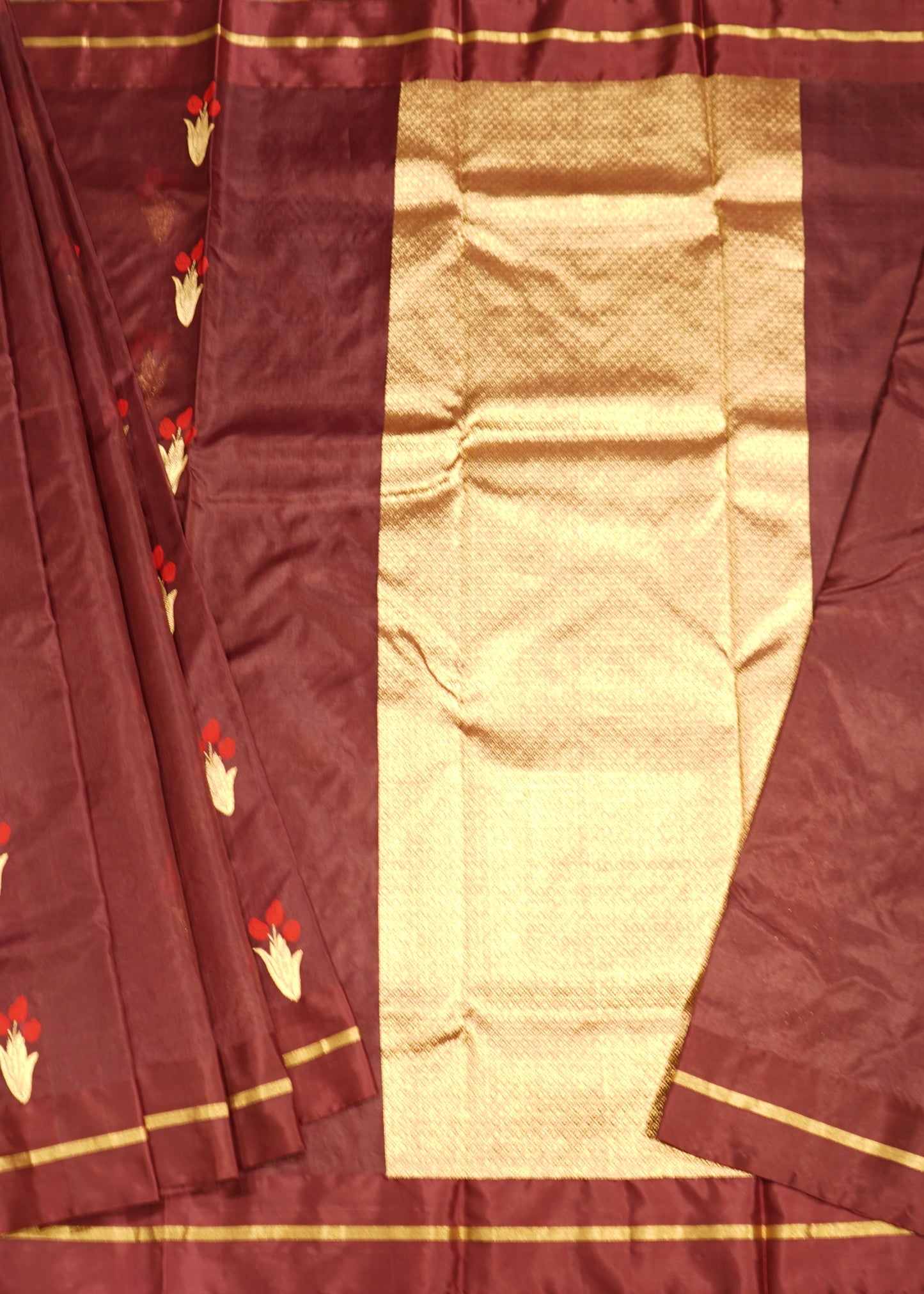 Marron Chanderi Eknaliya Zari Buti Pattu Border Pure Silk Handloom Saree