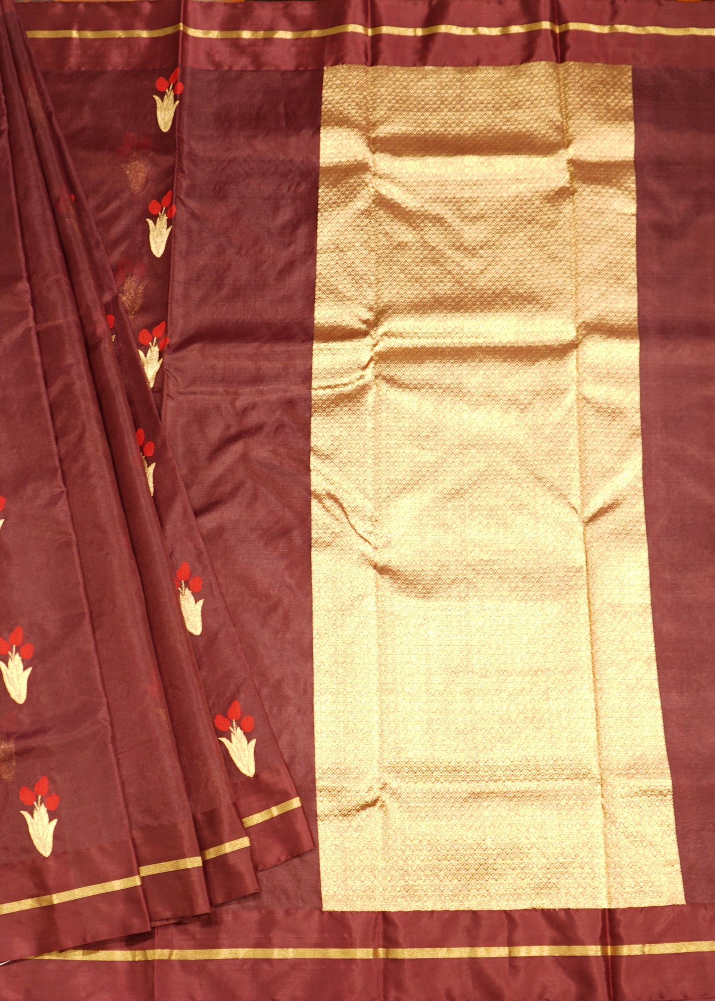 Marron Chanderi Eknaliya Zari Buti Pattu Border Pure Silk Handloom Saree