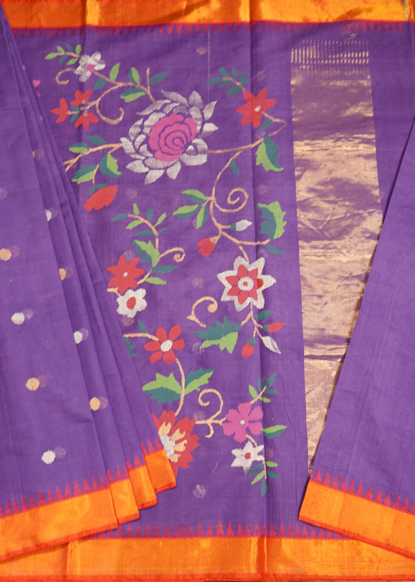 Violet Ponduru All Over Zari Buti Pallu Jamdani Zari Border Pure Cotton Handloom Saree