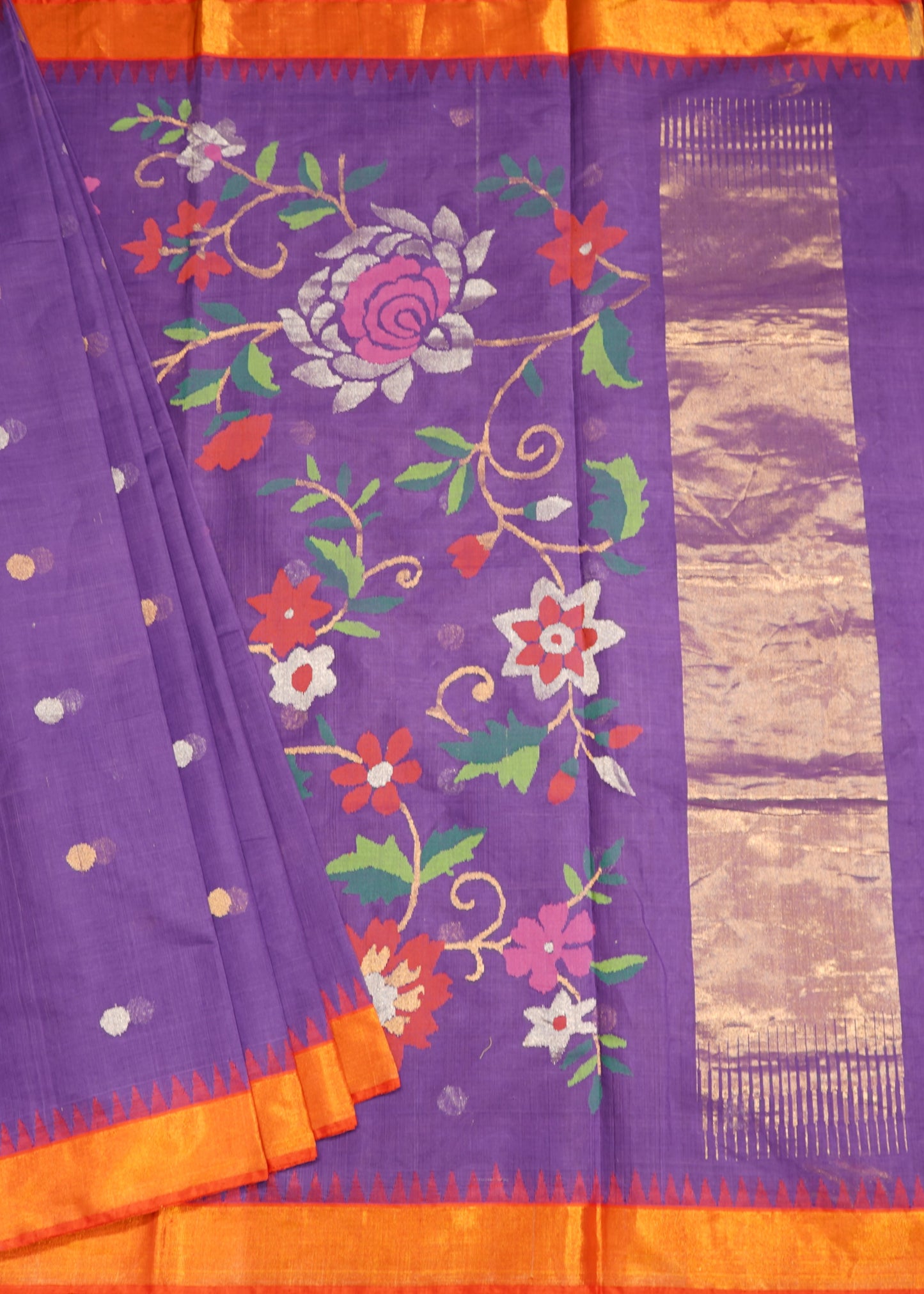 Violet Ponduru All Over Zari Buti Pallu Jamdani Zari Border Pure Cotton Handloom Saree