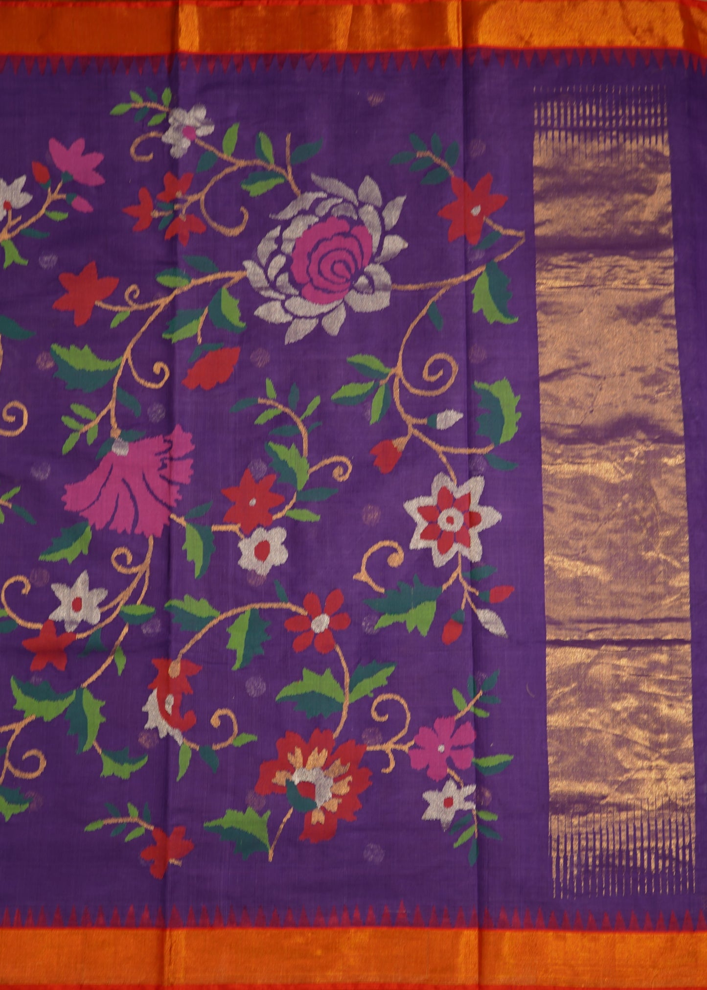 Violet Ponduru All Over Zari Buti Pallu Jamdani Zari Border Pure Cotton Handloom Saree