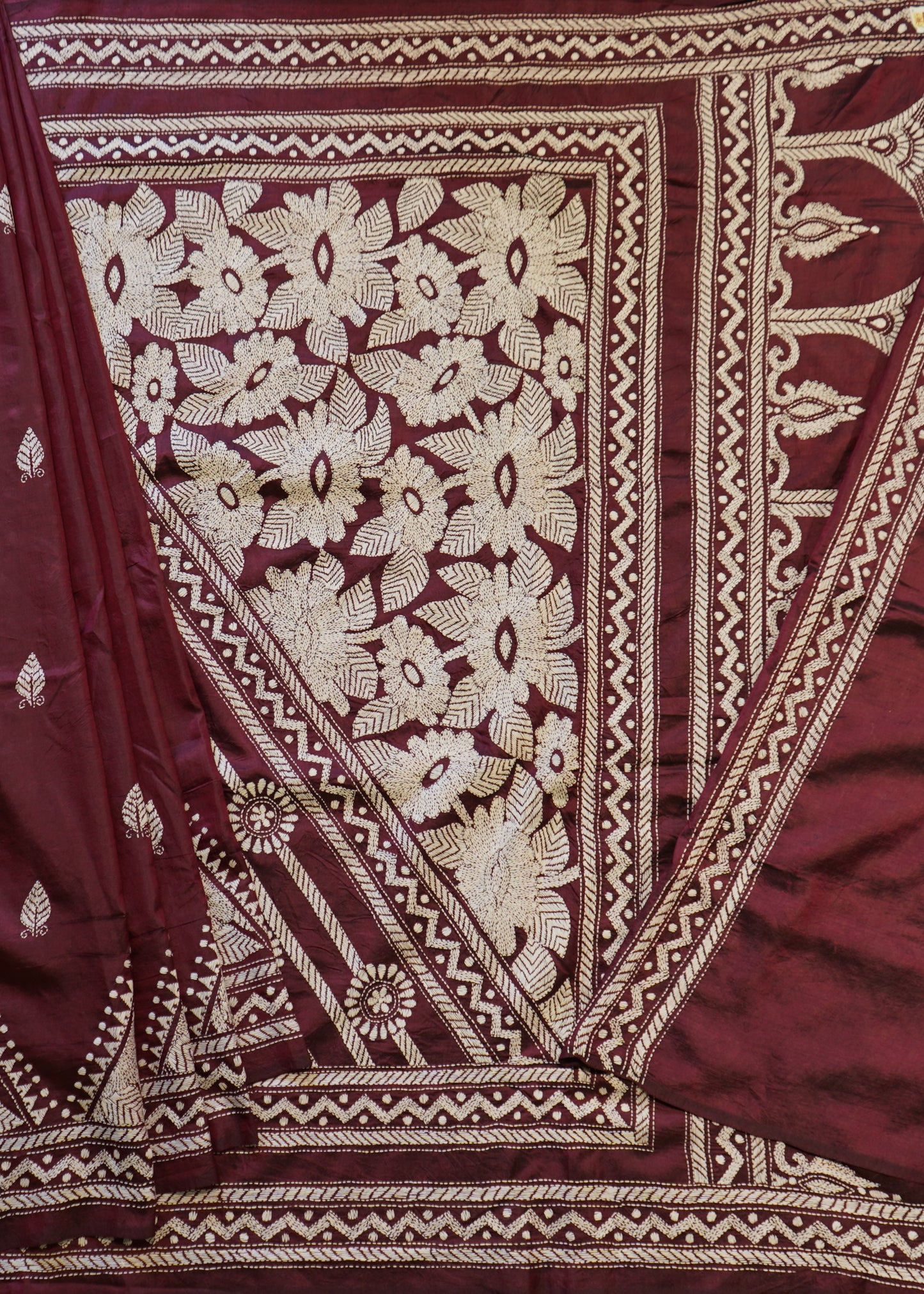 Maroon Bengal Kantha Pure Silk Handloom Saree