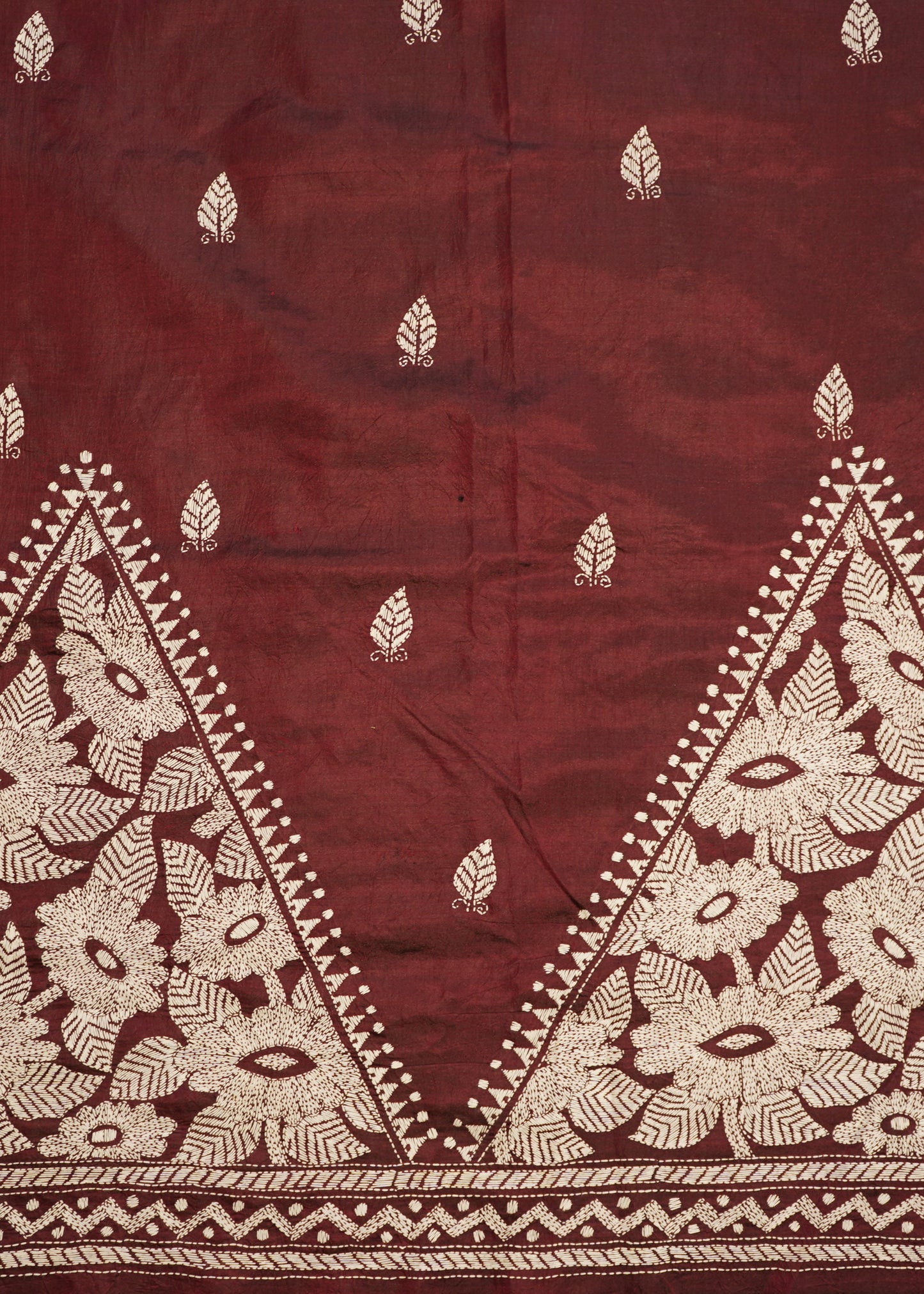 Maroon Bengal Kantha Pure Silk Handloom Saree