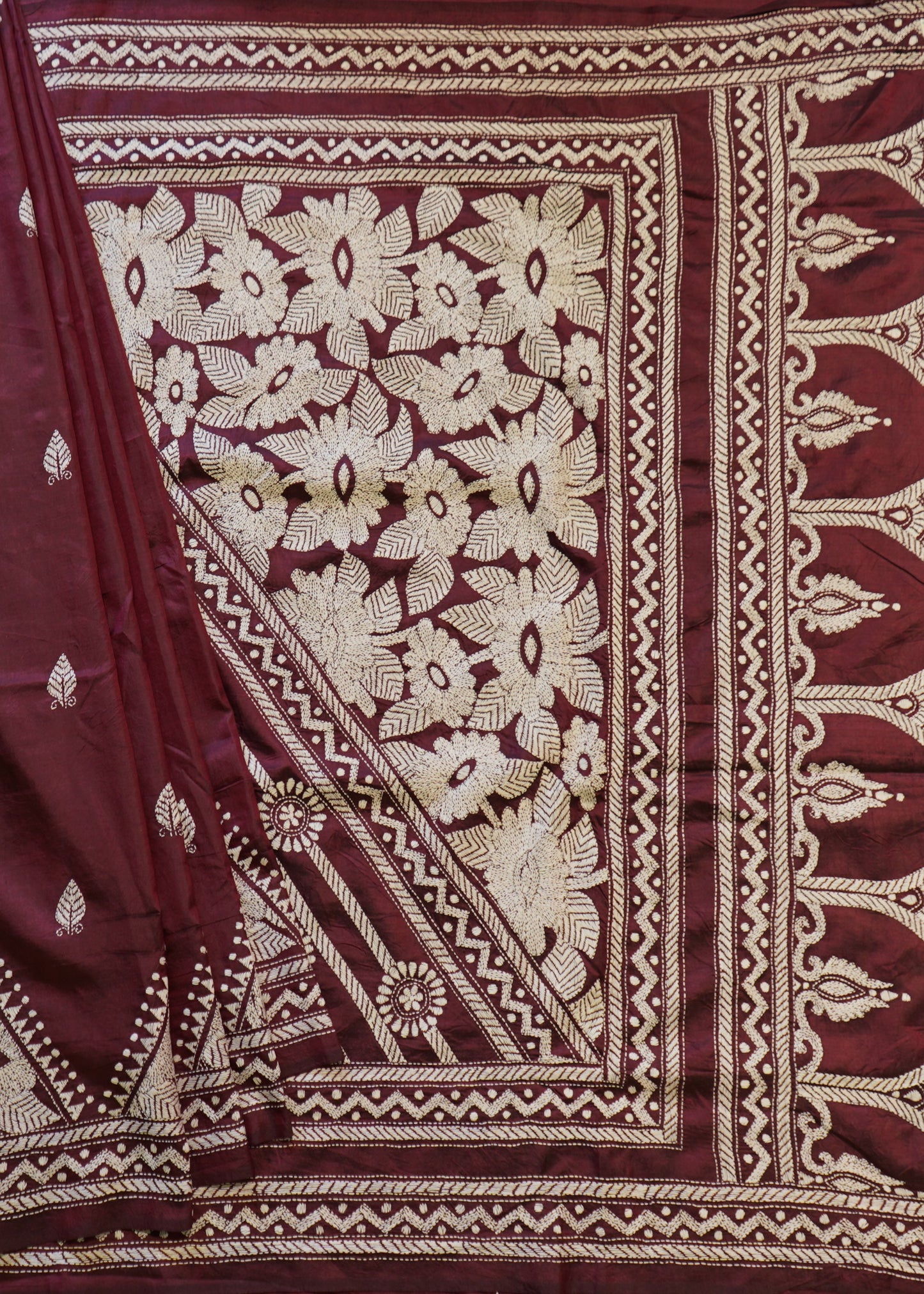 Maroon Bengal Kantha Pure Silk Handloom Saree