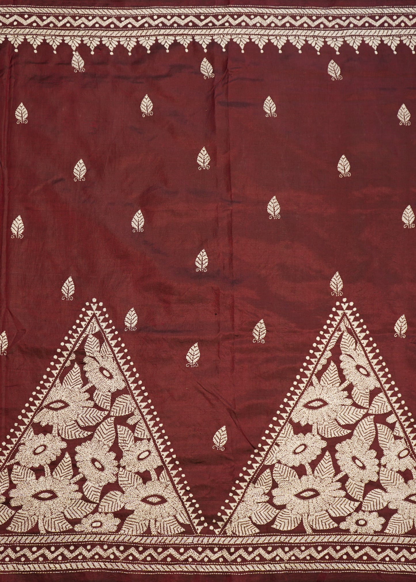 Maroon Bengal Kantha Pure Silk Handloom Saree