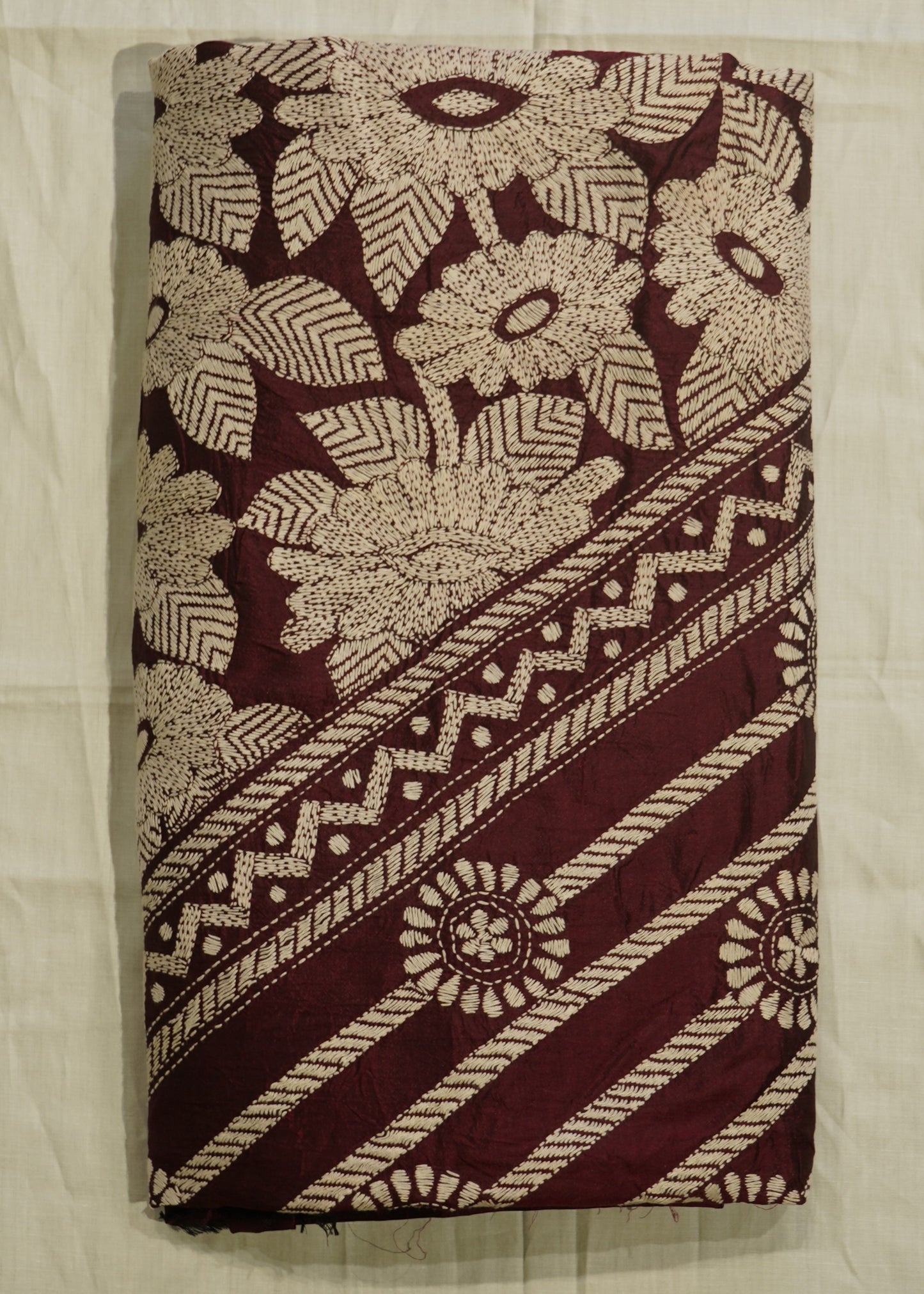 Maroon Bengal Kantha Pure Silk Handloom Saree