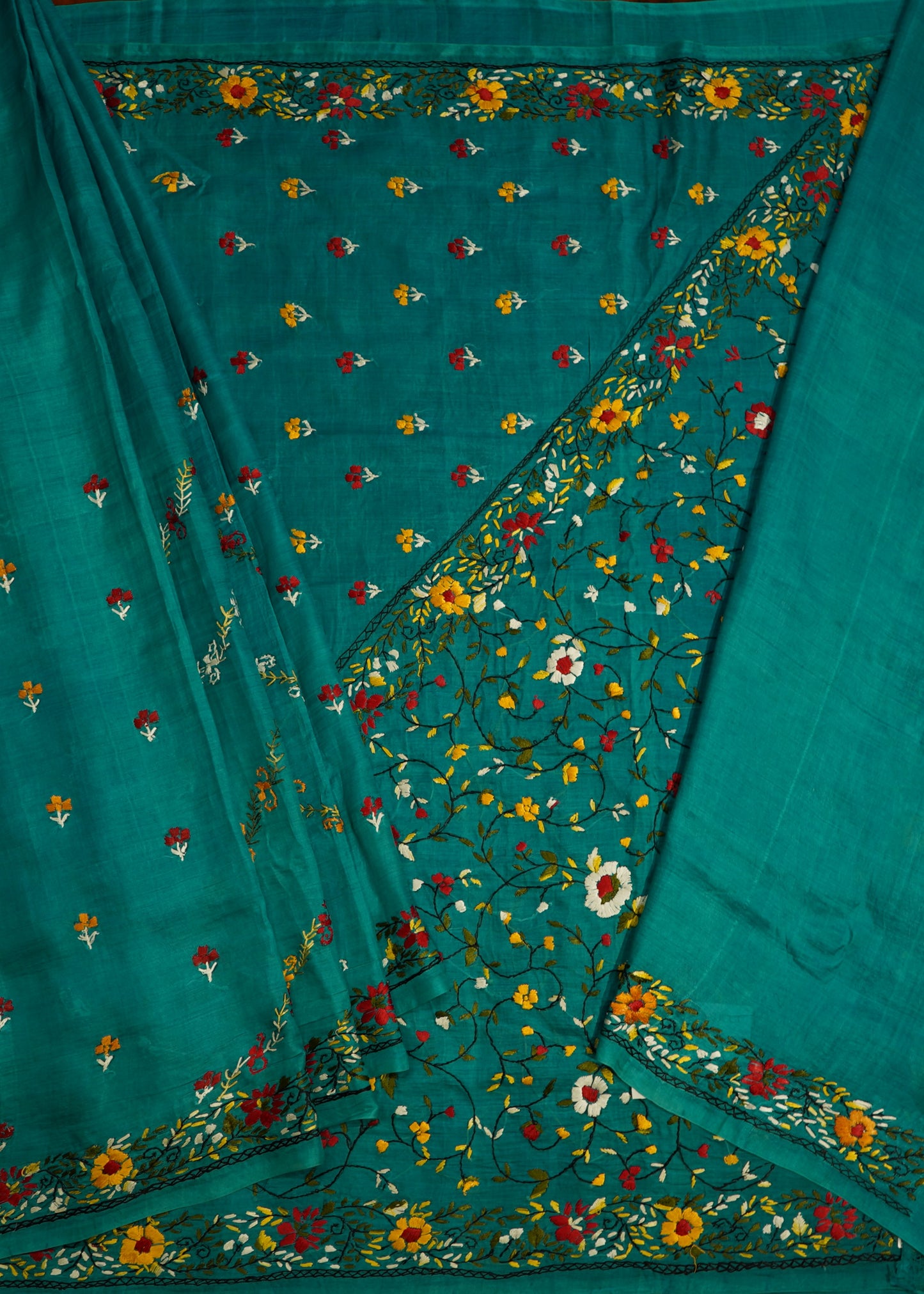 Rama Blue Bengal Kantha Pure Silk Handloom Saree