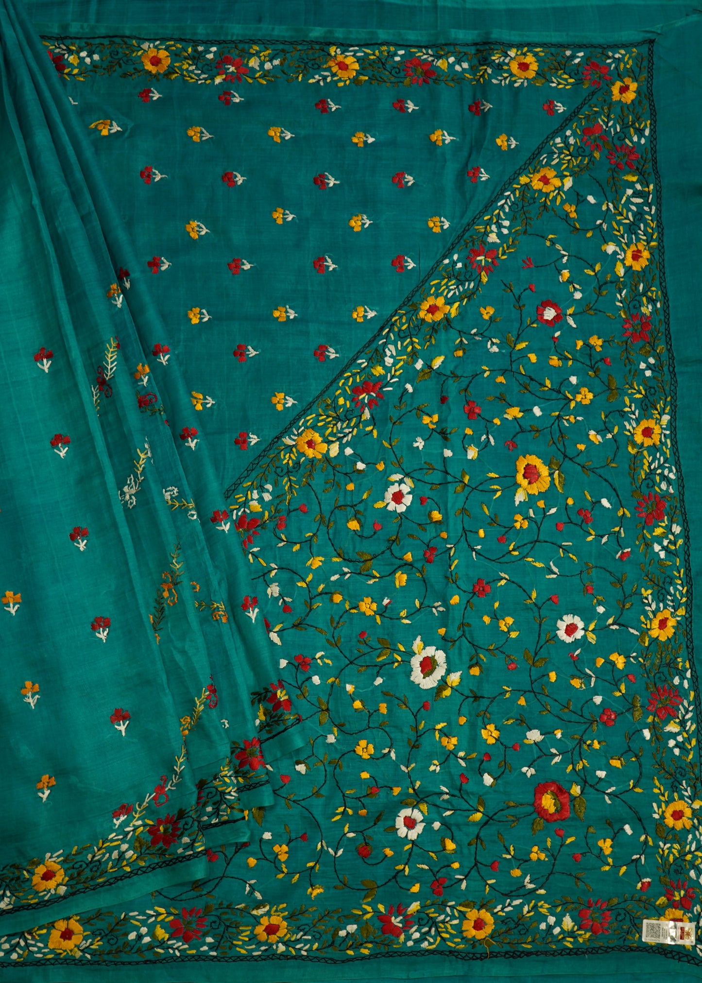 Rama Blue Bengal Kantha Pure Silk Handloom Saree