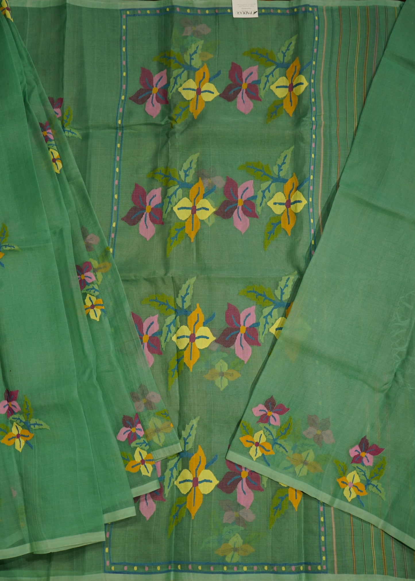 Sea Green Bengal Muslin Jamdani Pure Silk Handloom Saree