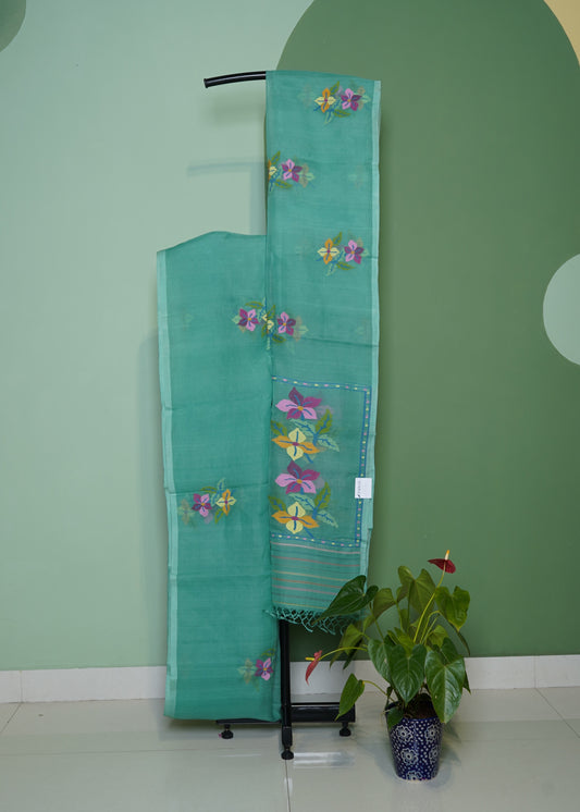 Sea Green Bengal Muslin Jamdani Pure Silk Handloom Saree