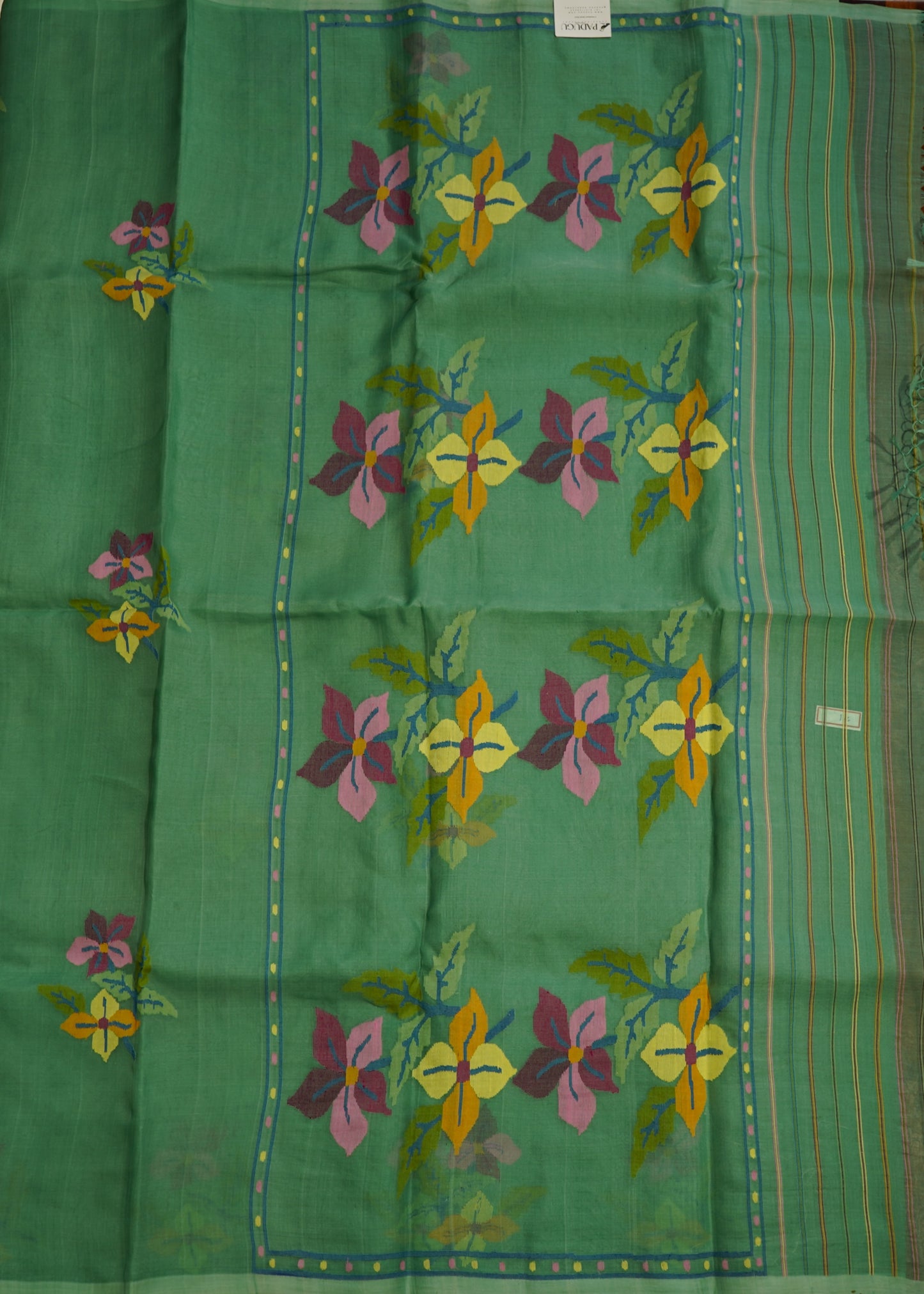 Sea Green Bengal Muslin Jamdani Pure Silk Handloom Saree