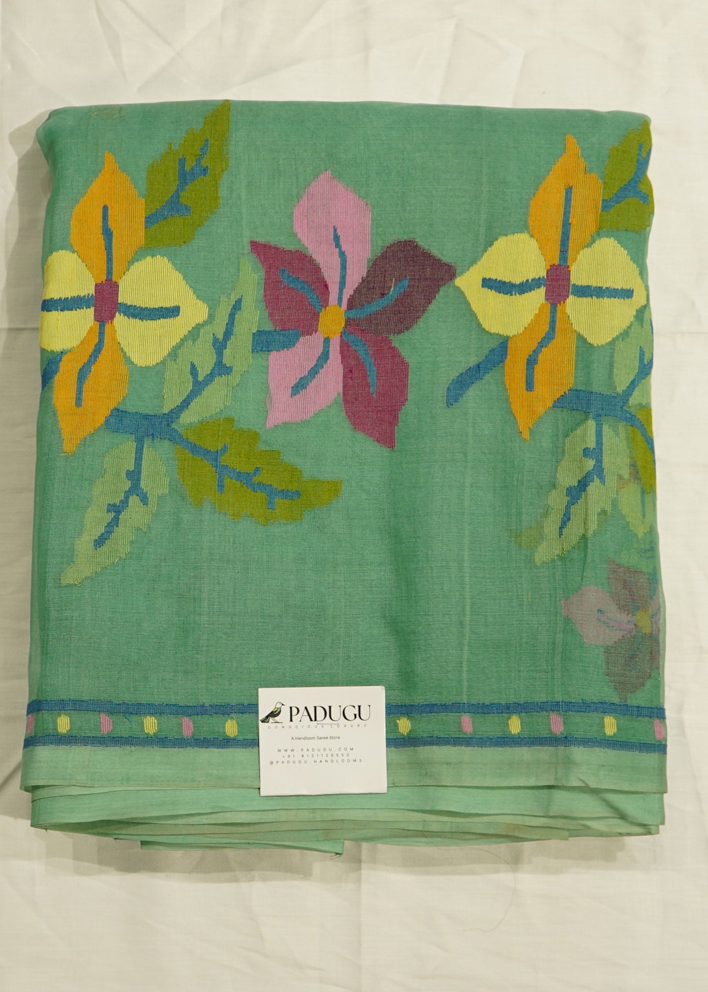 Sea Green Bengal Muslin Jamdani Pure Silk Handloom Saree