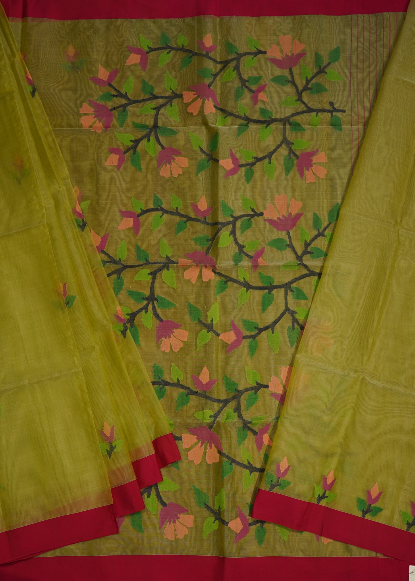 Dark Jade Bengal Muslin Jamdani Pure Silk Handloom Saree