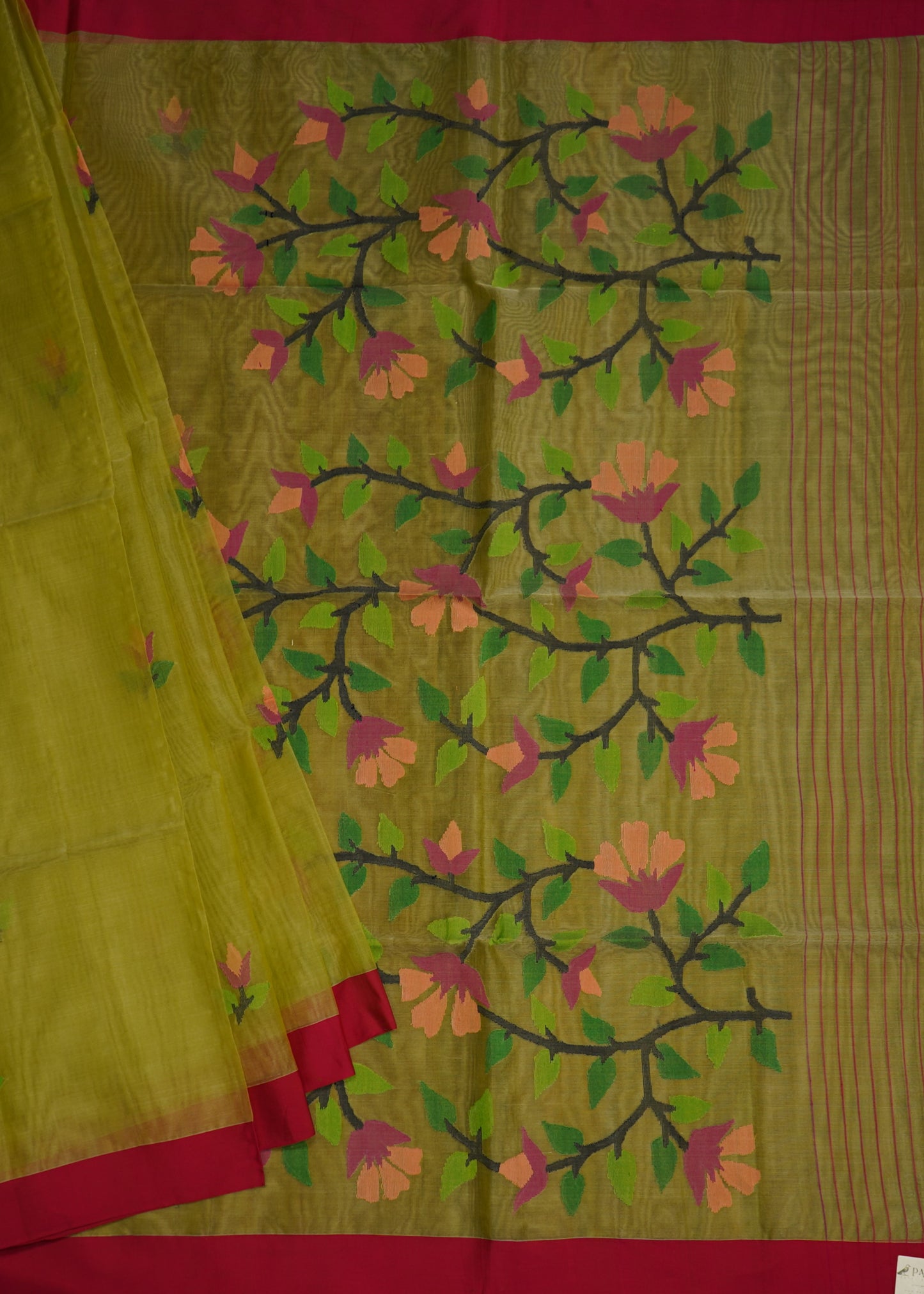 Dark Jade Bengal Muslin Jamdani Pure Silk Handloom Saree