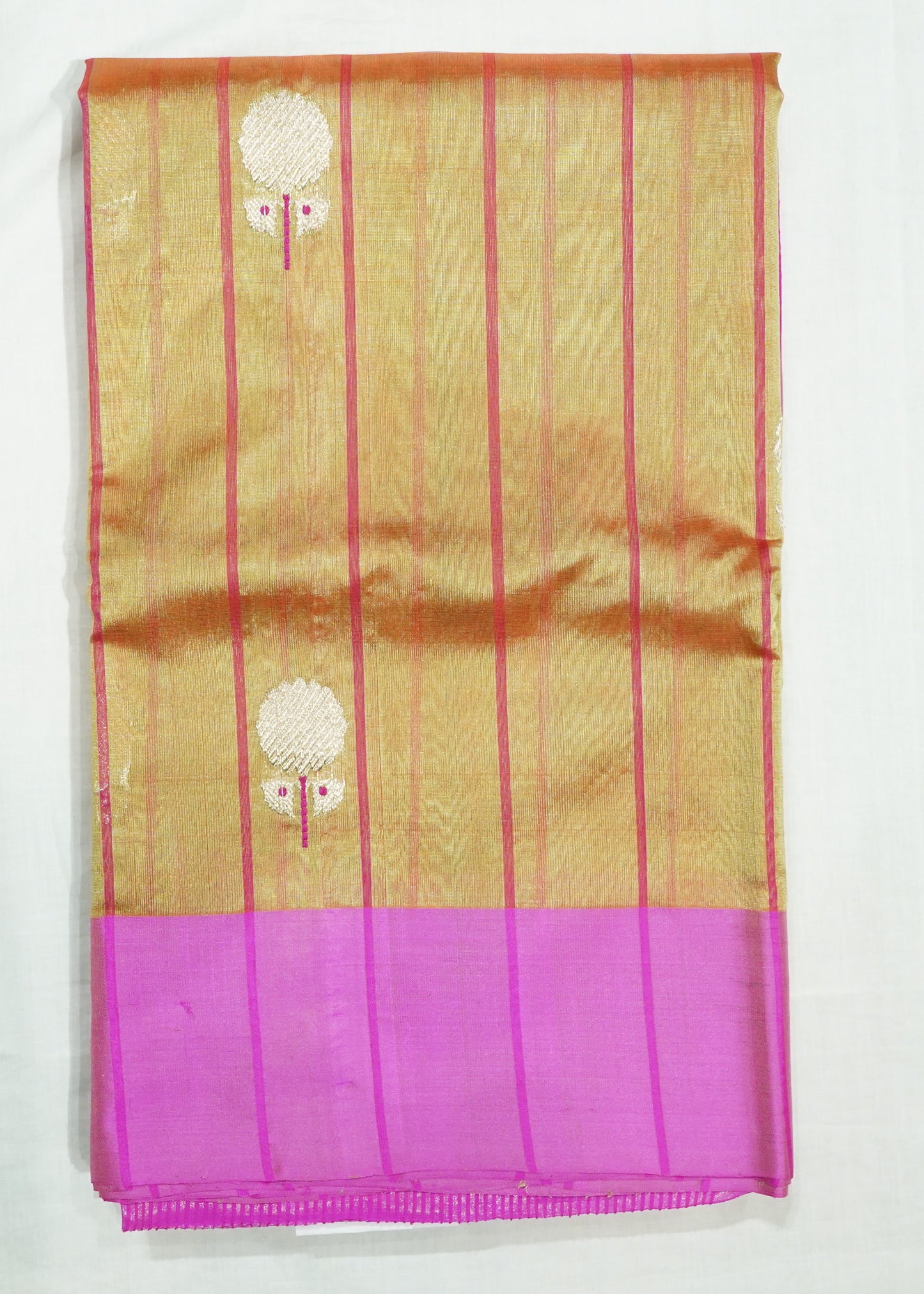 Gold Pink Chanderi Zari Donaal Buti Pure Silk  Handloom Saree