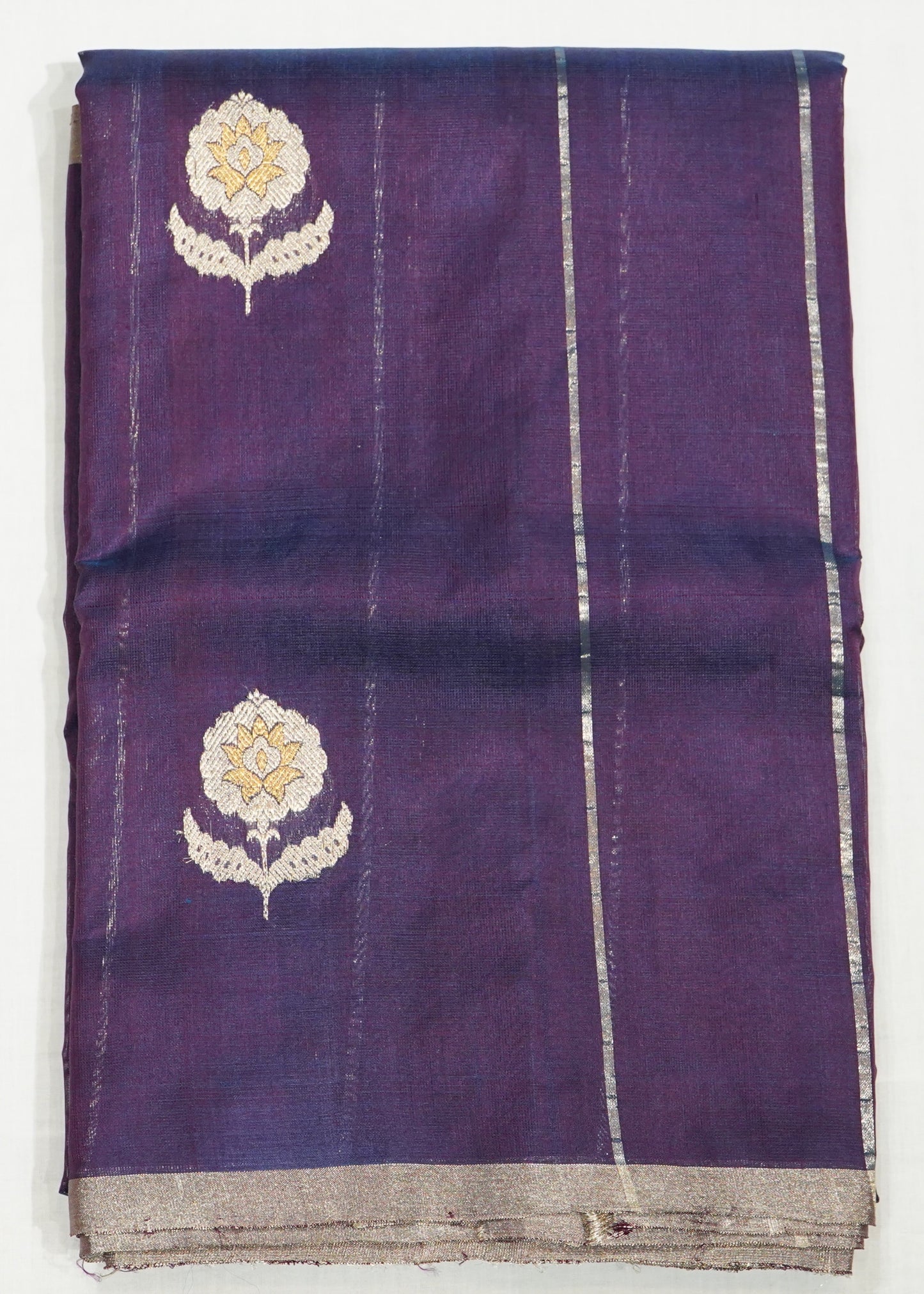 Dark Violet Chanderi Zari Eknaal Buti Pure Silk  Handloom Saree