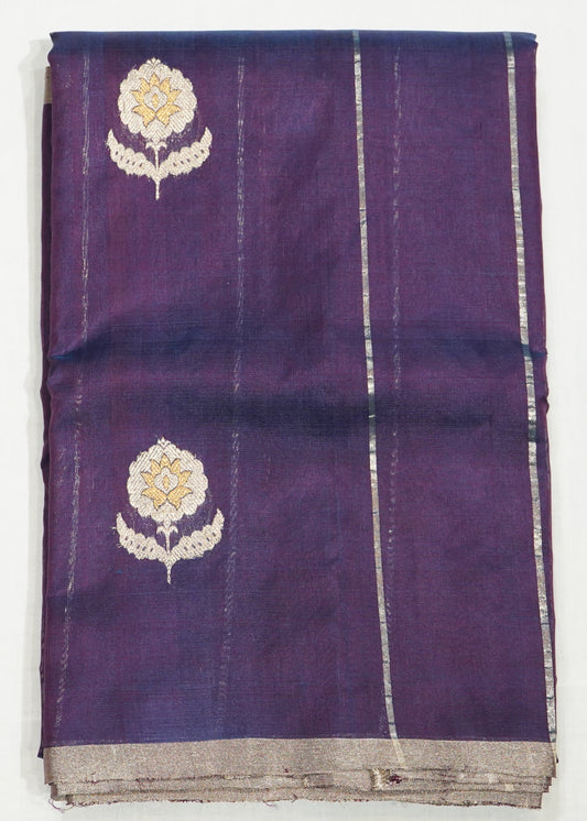 Dark Violet Chanderi Zari Eknaal Buti Pure Silk  Handloom Saree