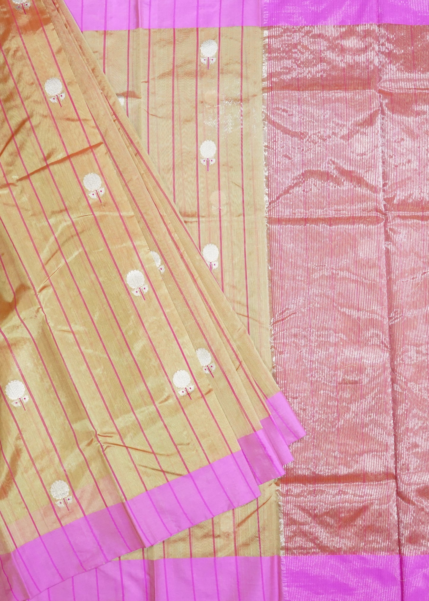Gold Pink Chanderi Zari Donaal Buti Pure Silk  Handloom Saree