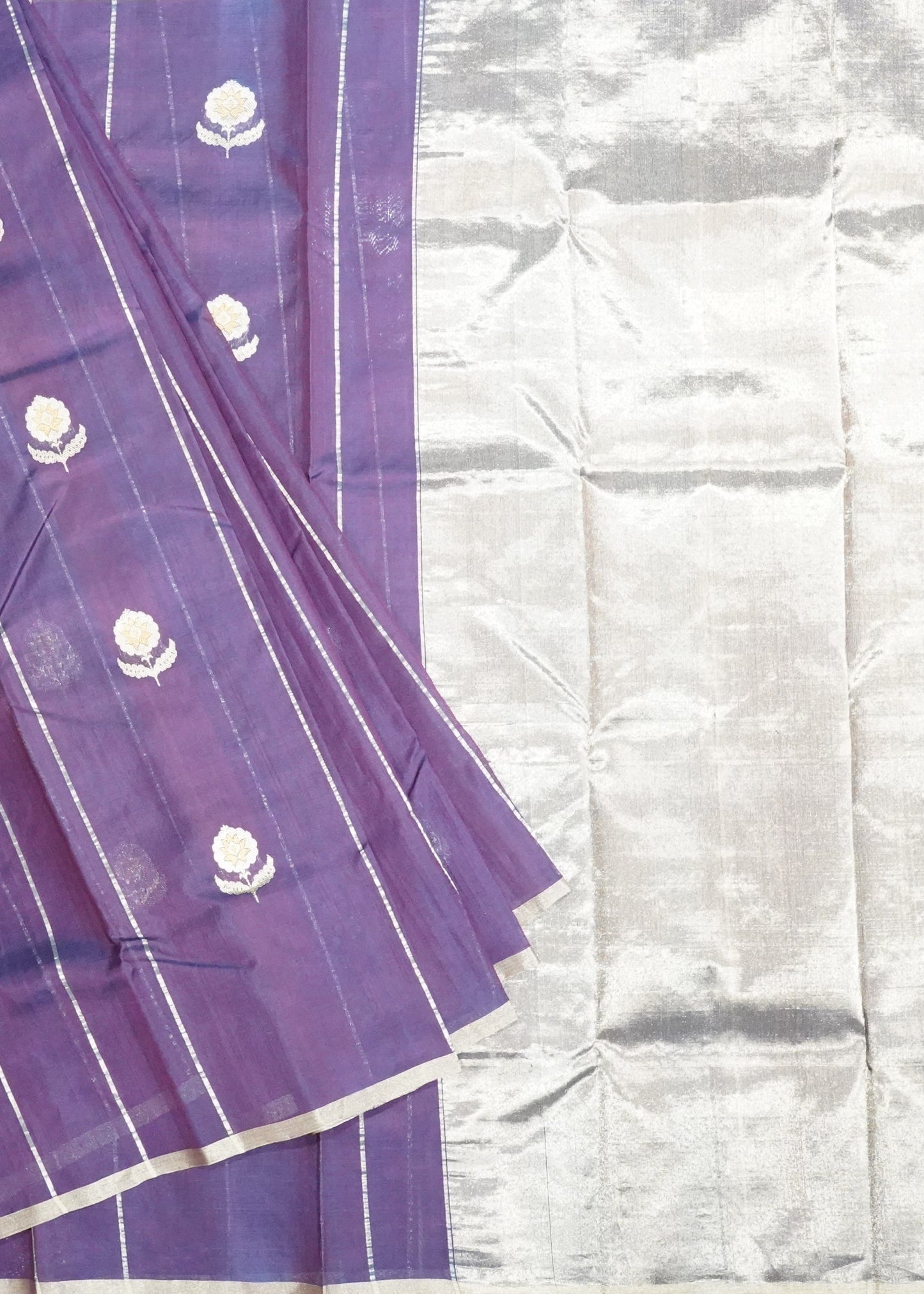 Dark Violet Chanderi Zari Eknaal Buti Pure Silk  Handloom Saree