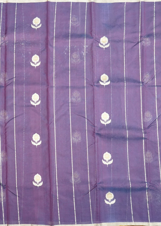 Dark Violet Chanderi Zari Eknaal Buti Pure Silk  Handloom Saree