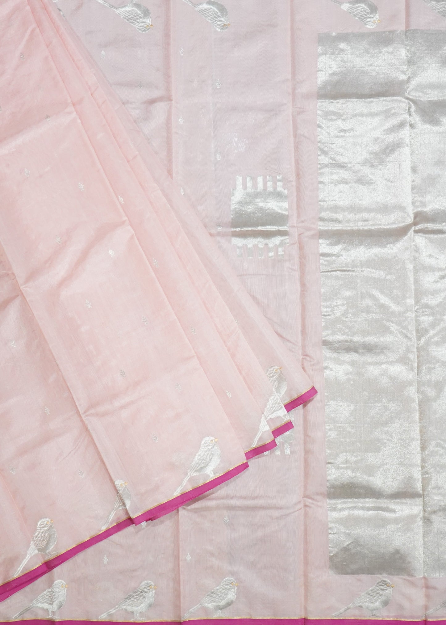 Light Pink Chanderi  Zari Donaal Buti Pure Silk  Handloom Saree