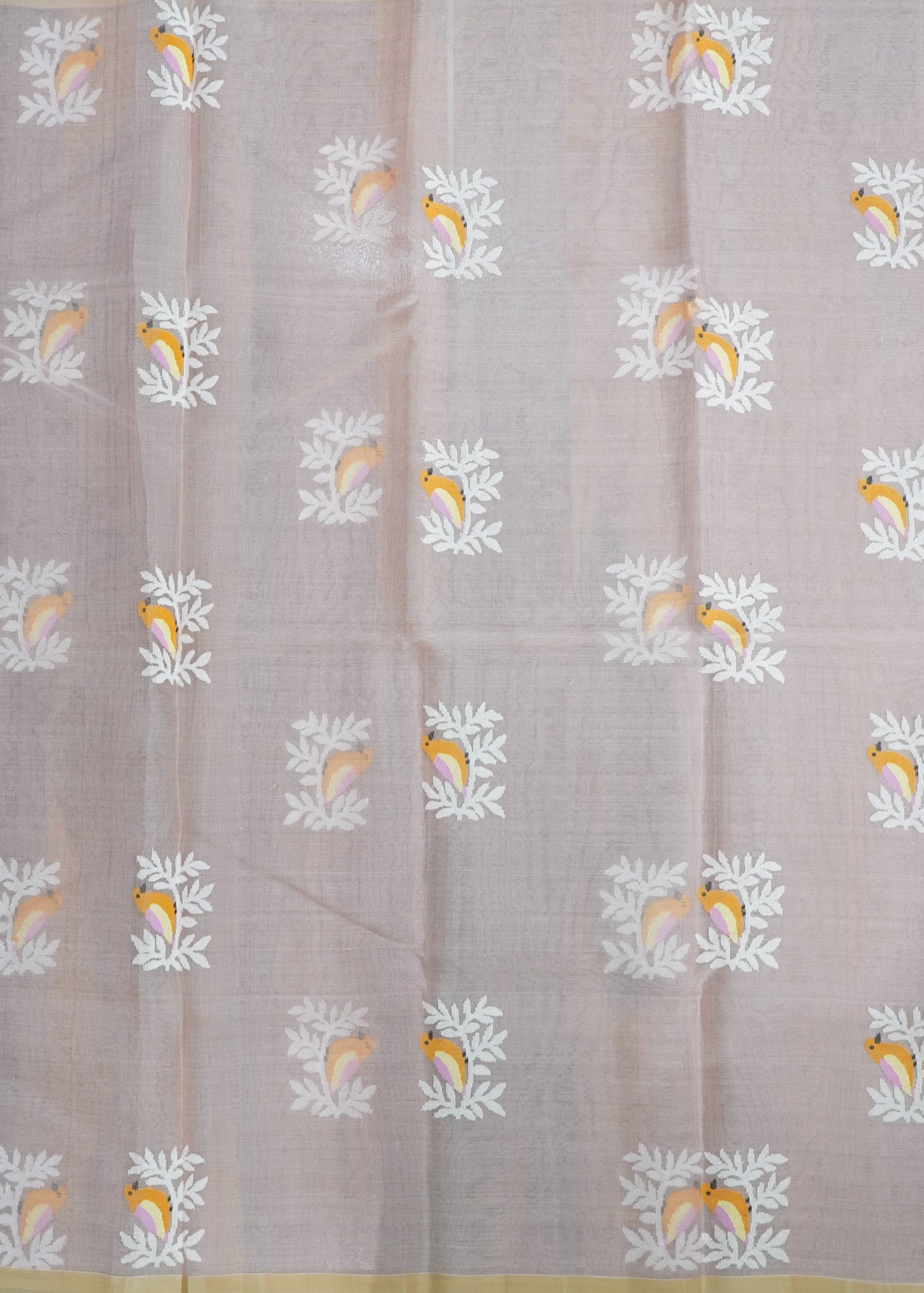 Light Apricot Bengal Bird Jamdhani Buti Pure Silk Handloom saree