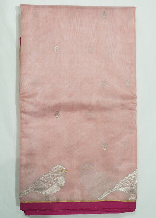 Light Pink Chanderi  Zari Donaal Buti Pure Silk  Handloom Saree
