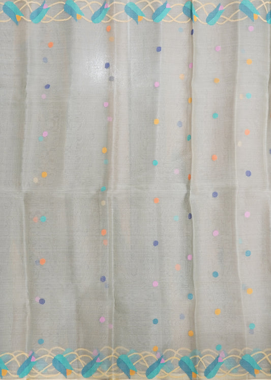 Gray Bengal Jamdhani Buti Muslin Pure Silk Handloom saree