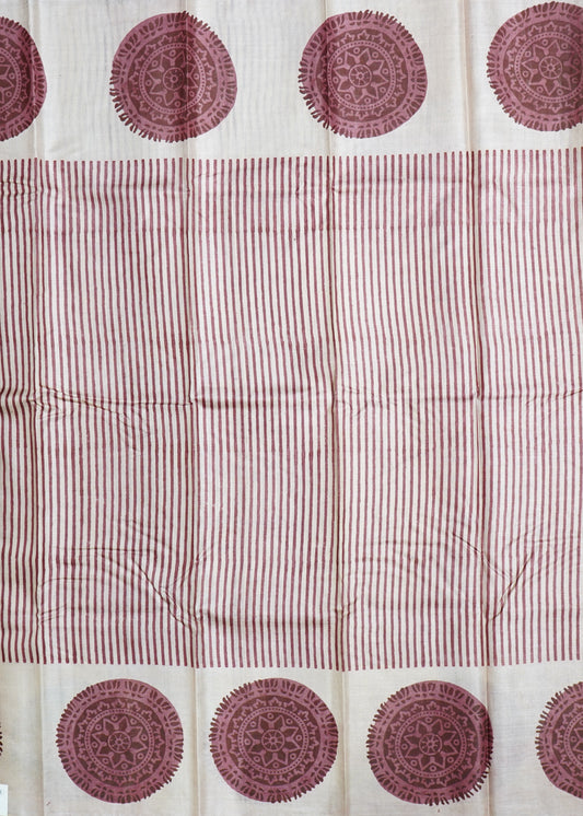 Cream Tussar Hand Block Print Pure Handloom Saree