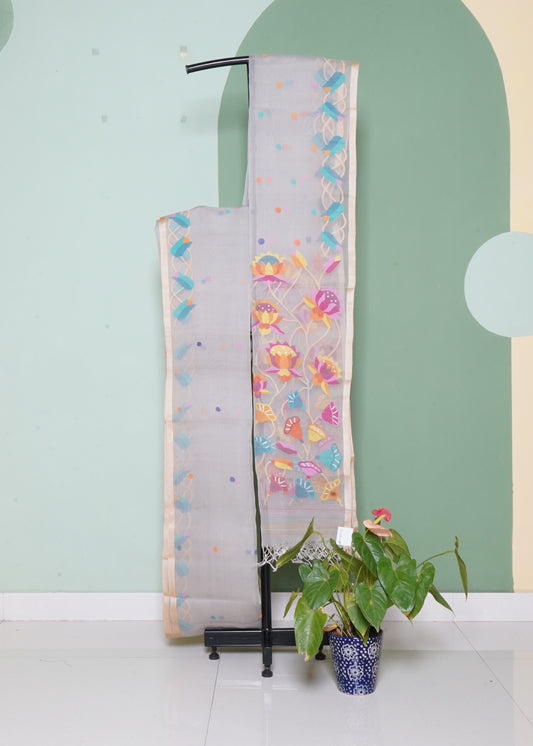 Gray Bengal Jamdhani Buti Muslin Pure Silk Handloom saree