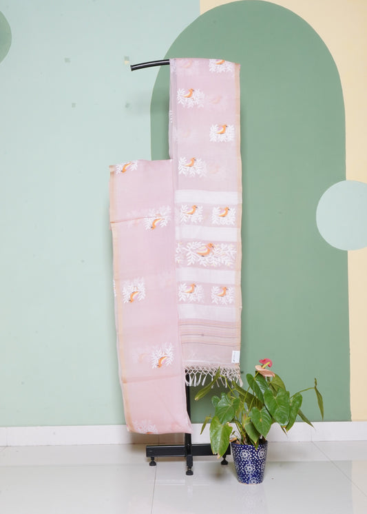 Light Apricot Bengal Bird Jamdhani Buti Pure Silk Handloom saree