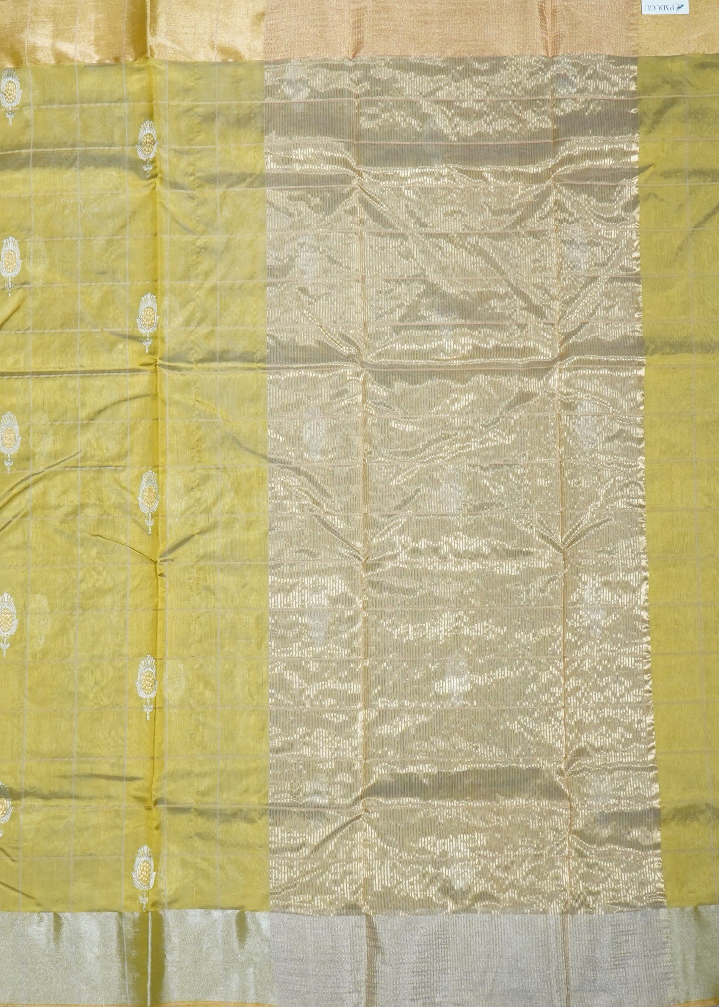 Gold Yellow Chanderi Checks Eknaal Buti Pure Silk Handloom Saree