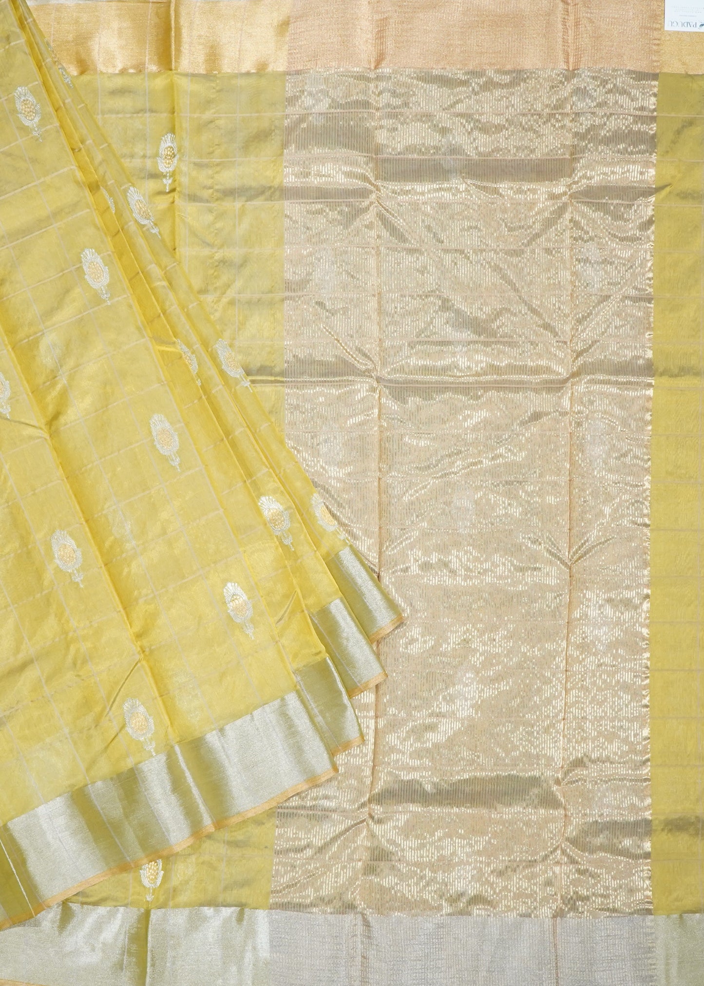 Gold Yellow Chanderi Checks Eknaal Buti Pure Silk Handloom Saree