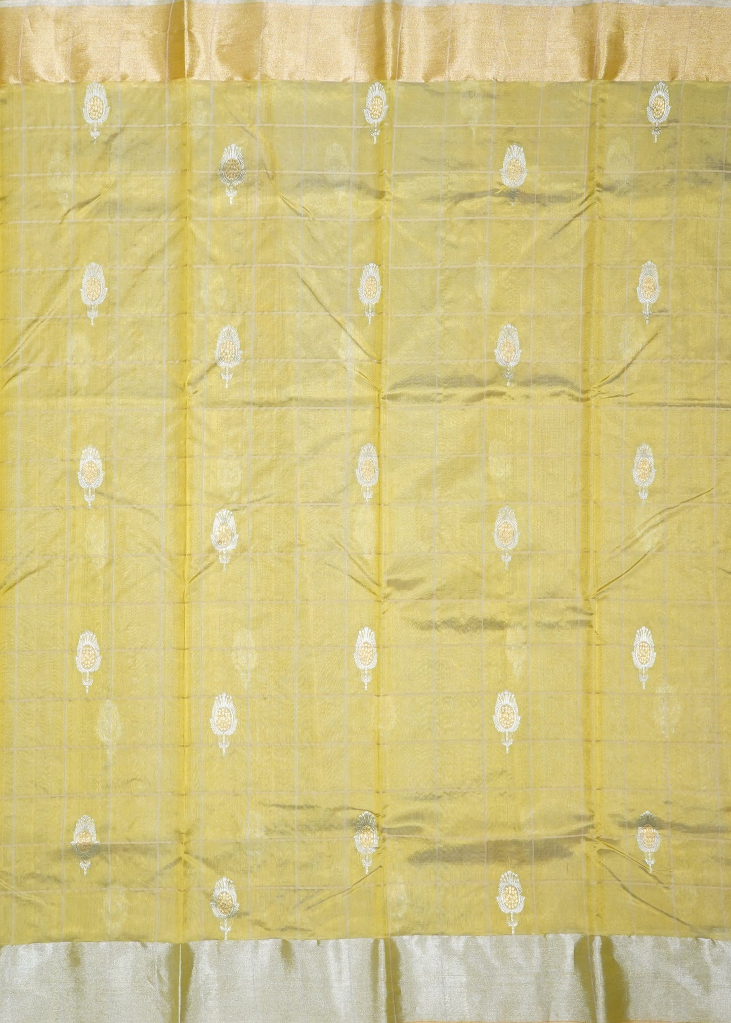 Gold Yellow Chanderi Checks Eknaal Buti Pure Silk Handloom Saree