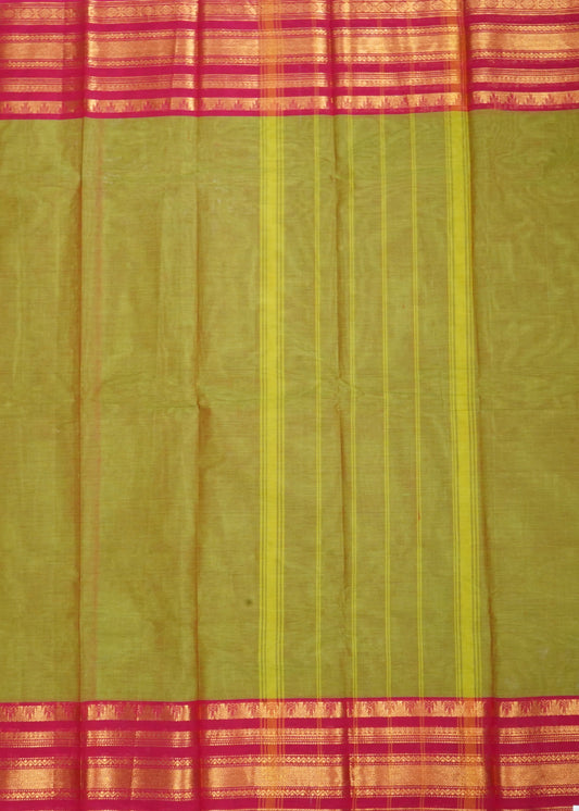 Green Chettinadu Plane Zari Border Pure Cotton Handloom Saree