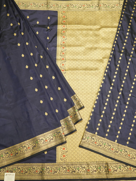 Navy Blue Banaras Katan Silk Saree with Thread Border