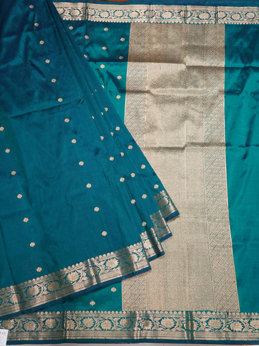 Peacock Green Banaras Katan Silk Saree with Zari Buttis