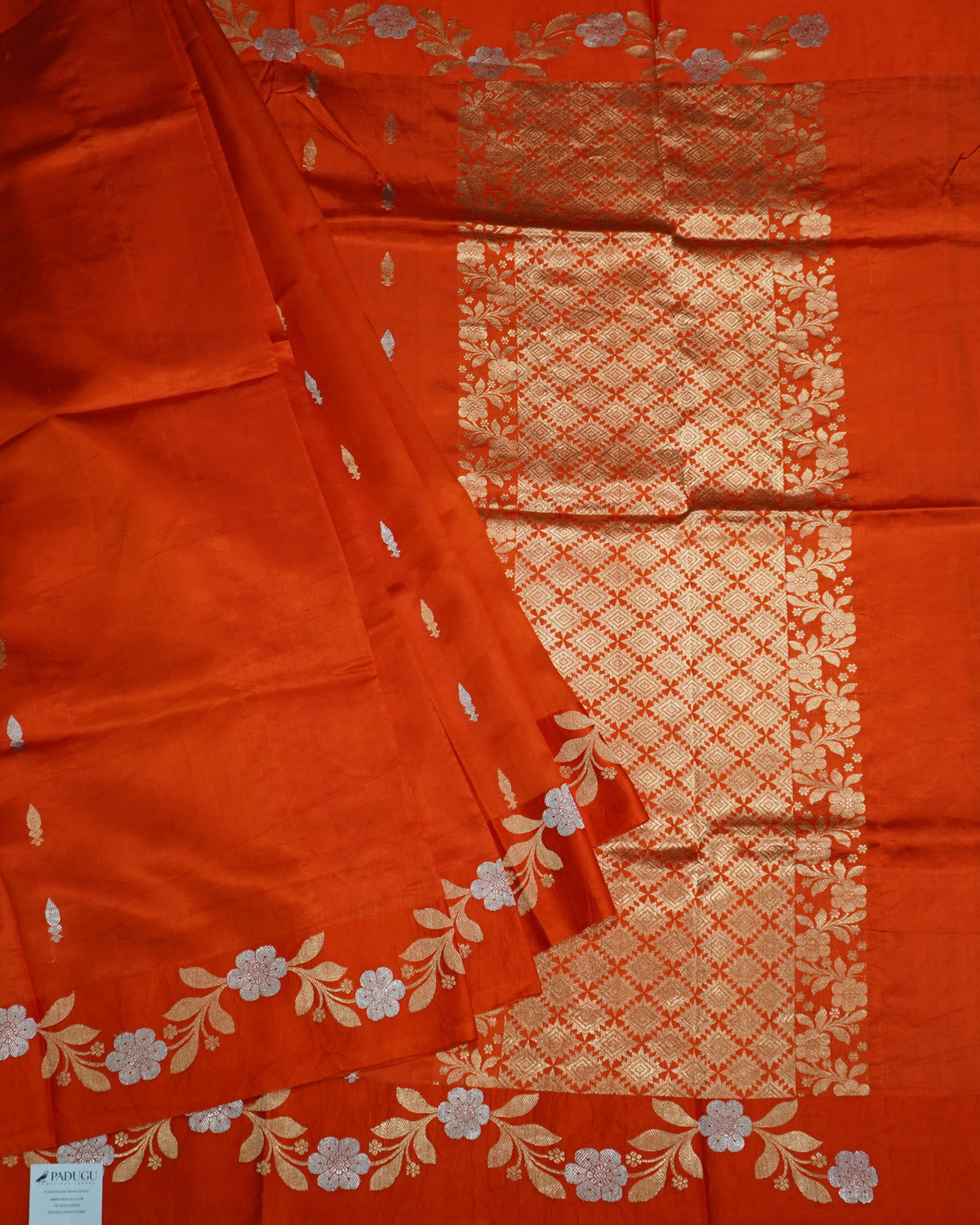 Orange Banaras Katan Silk Saree with Zari Border & Zari Buttis