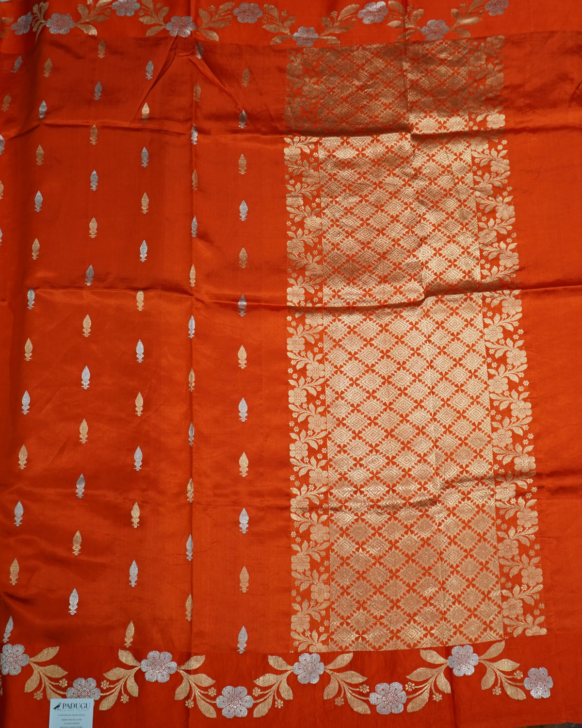 Orange Banaras Katan Silk Saree with Zari Border & Zari Buttis