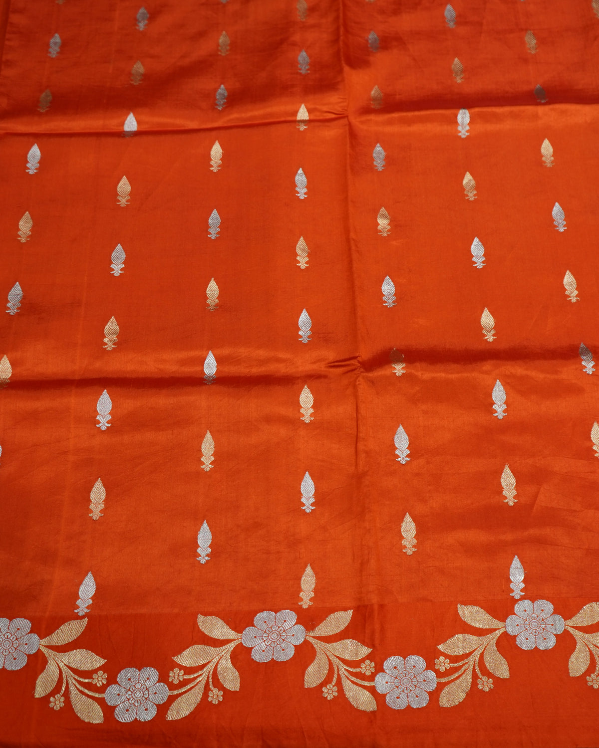 Orange Banaras Katan Silk Saree with Zari Border & Zari Buttis