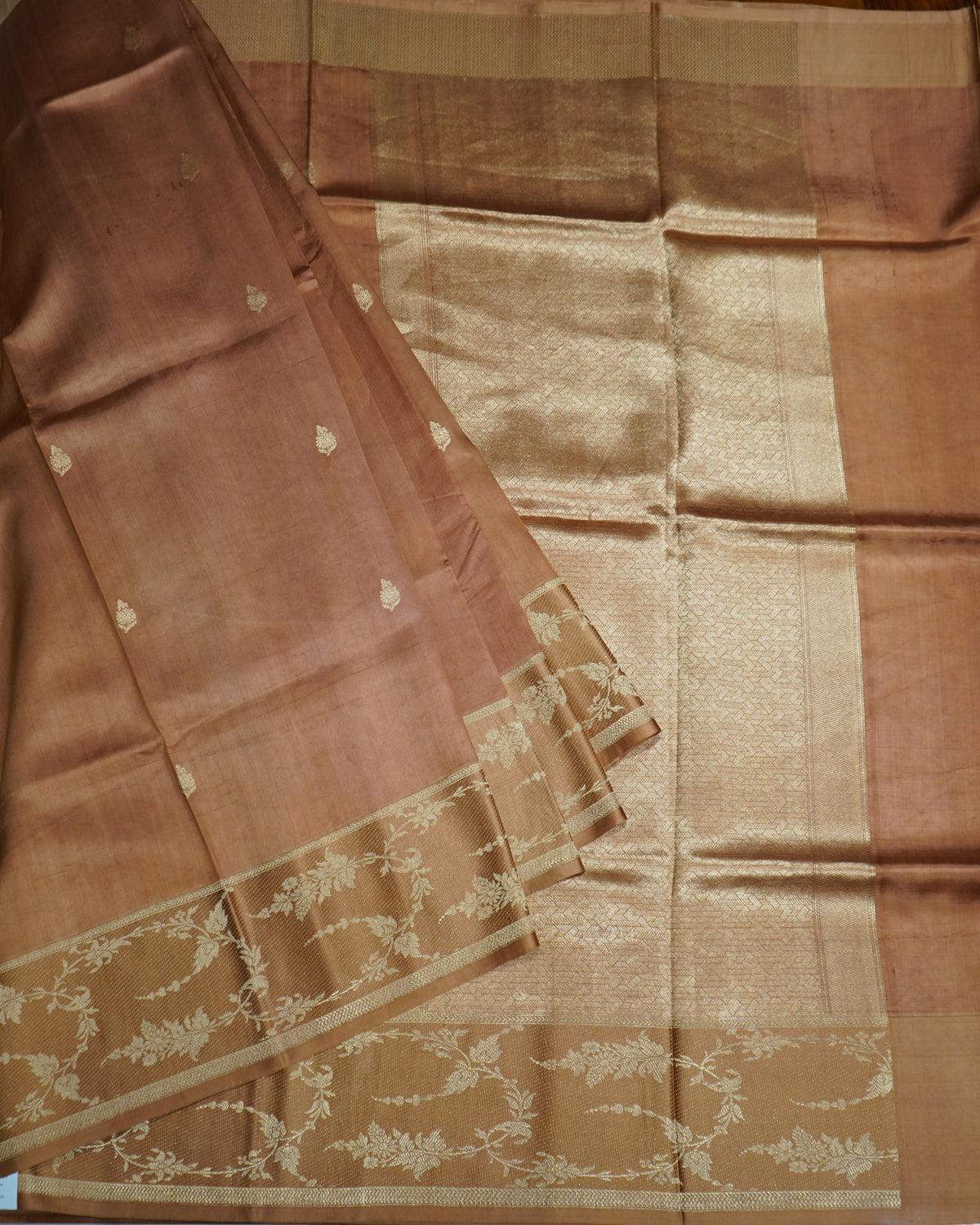 Brown Banaras Raw Mango Silk Saree with Zari Buttis