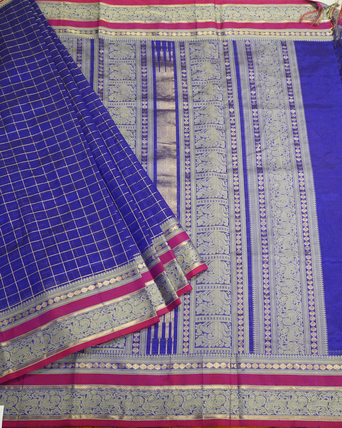 Violet Kanchi Silk Cotton Saree with Checks & Zari Handloom Saree