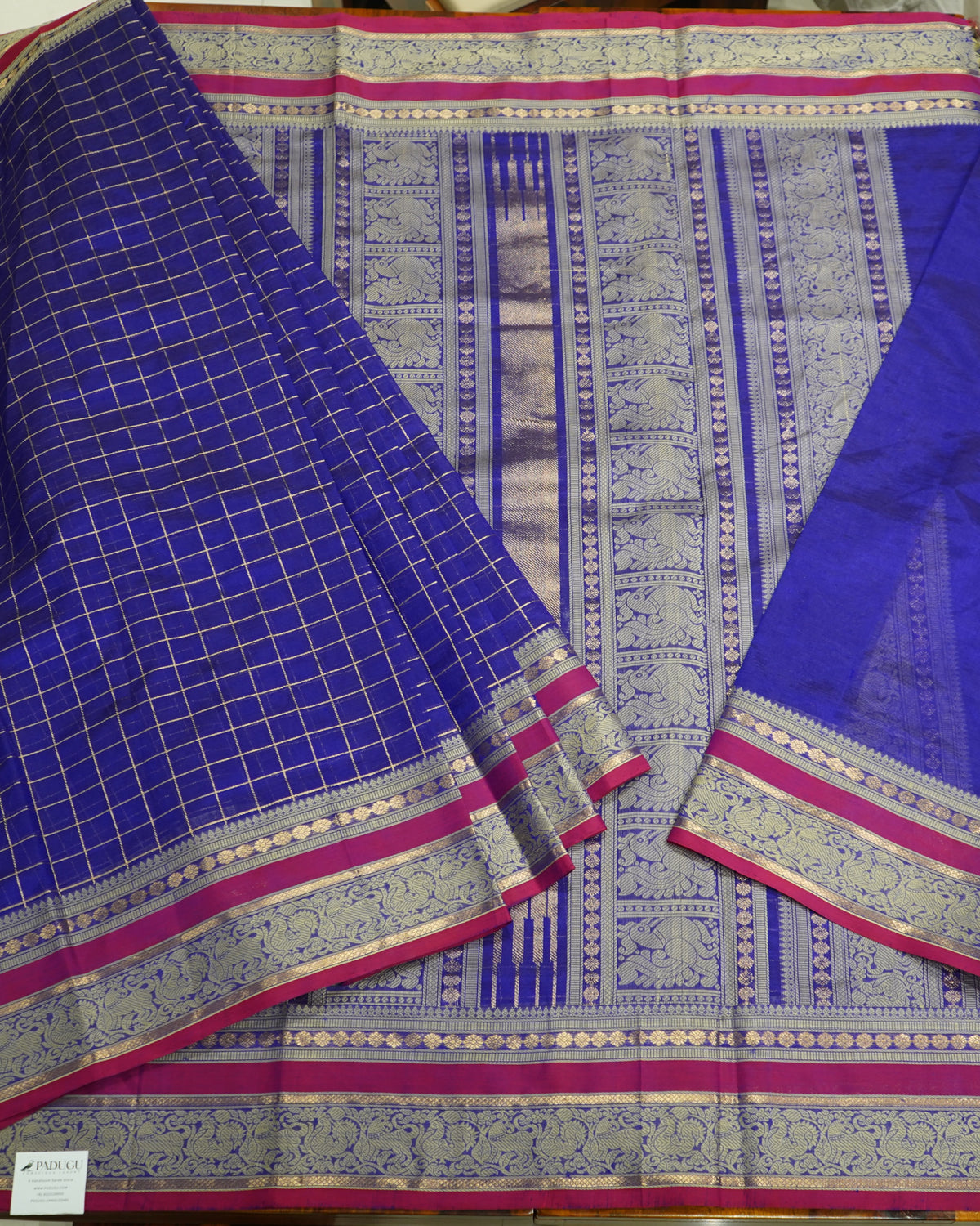 Violet Kanchi Silk Cotton Saree with Checks & Zari Handloom Saree