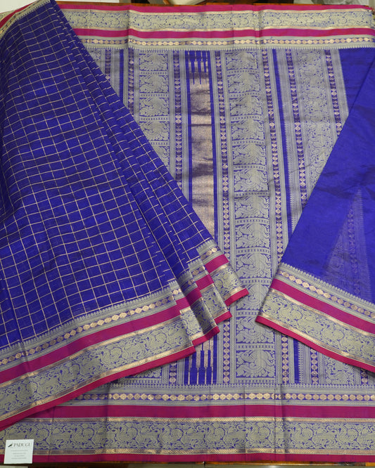 Violet Kanchi Silk Cotton Saree with Checks & Zari Handloom Saree