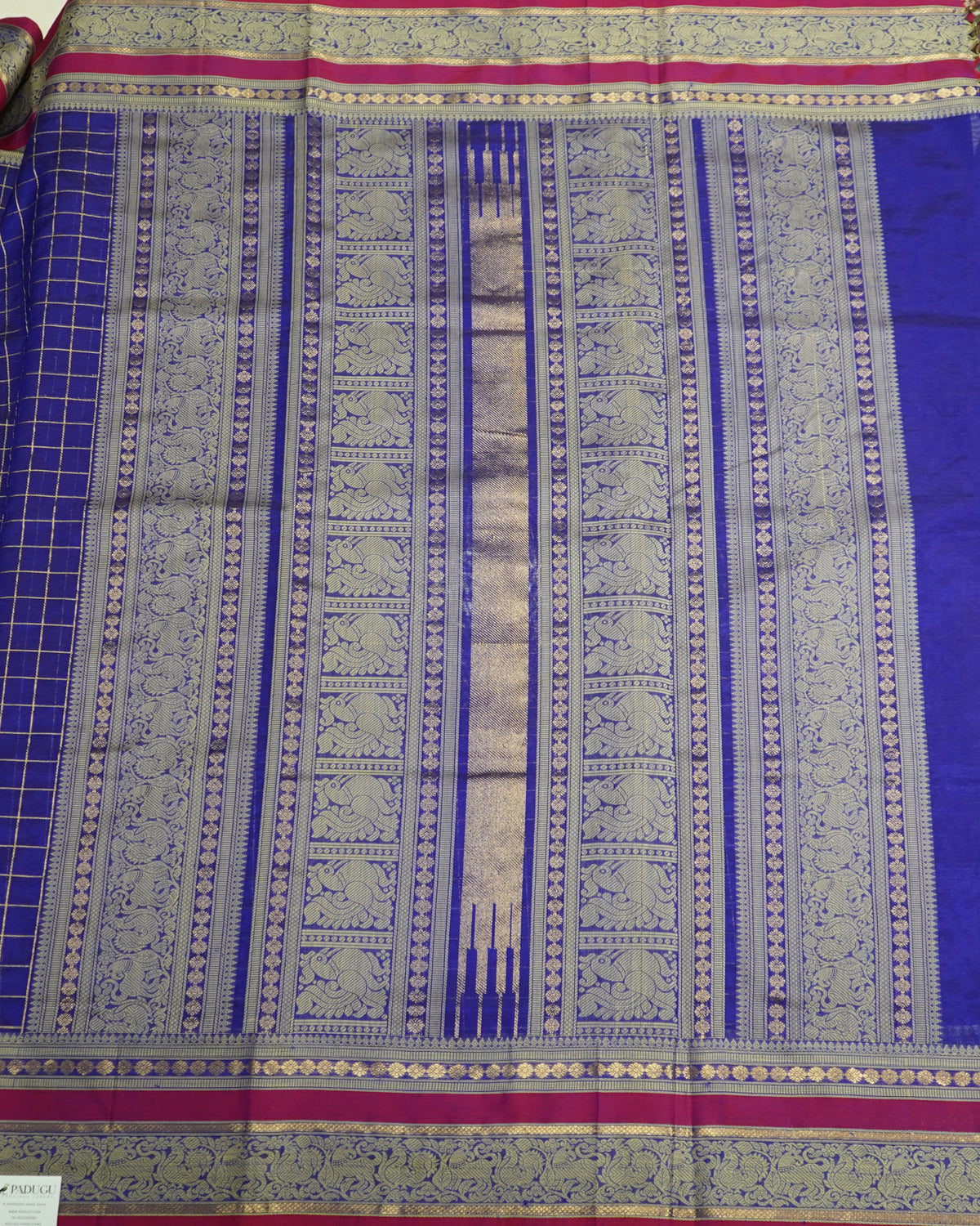 Violet Kanchi Silk Cotton Saree with Checks & Zari Handloom Saree